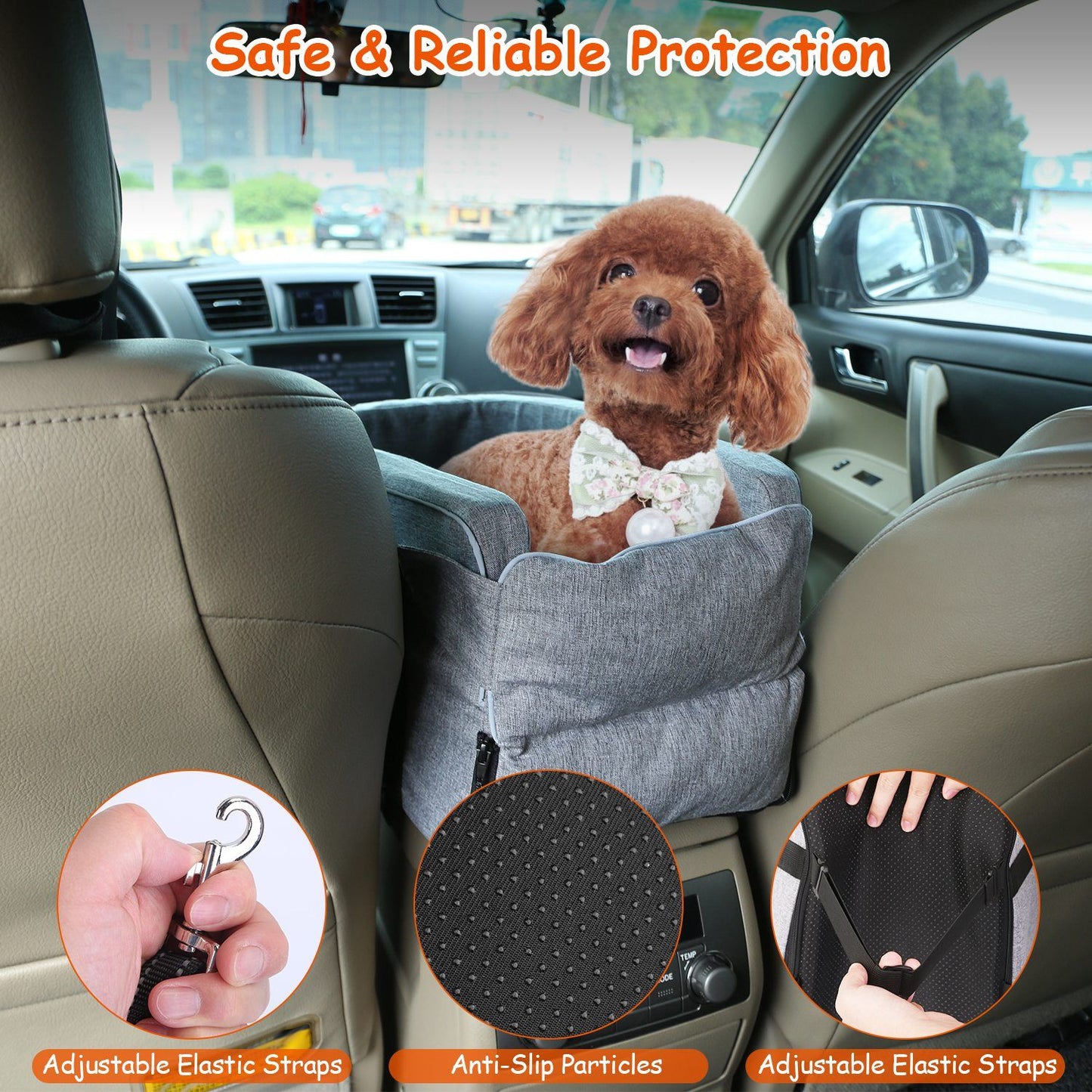 Infographic showing adjustable straps, anti-slip base, and metal leash hook for pet safety