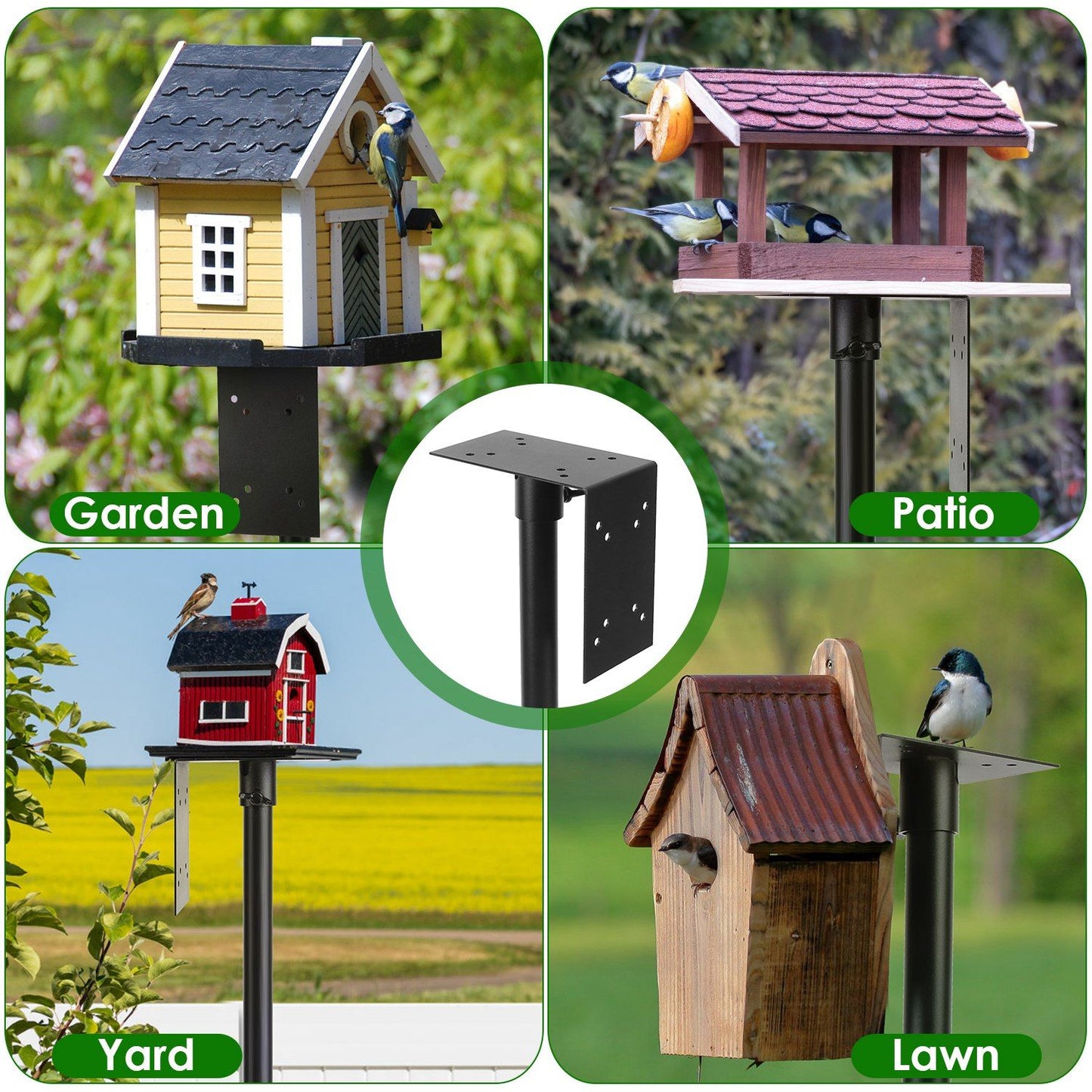 Four lifestyle scenes showing the bird house pole kit installed in garden, patio, yard, and lawn settings