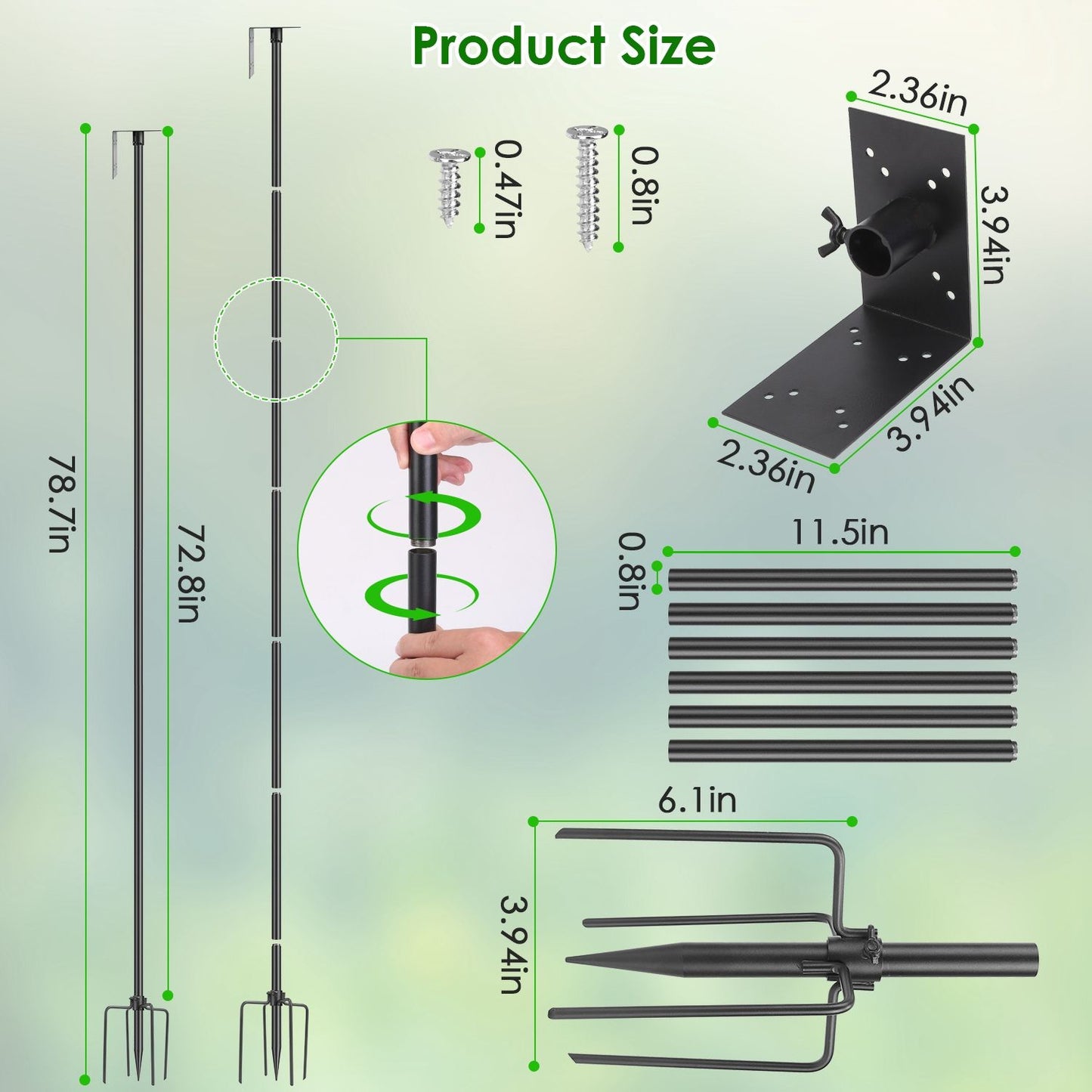 Dimensional diagram of pole kit with rod lengths, screw sizes, top panel and base measurements