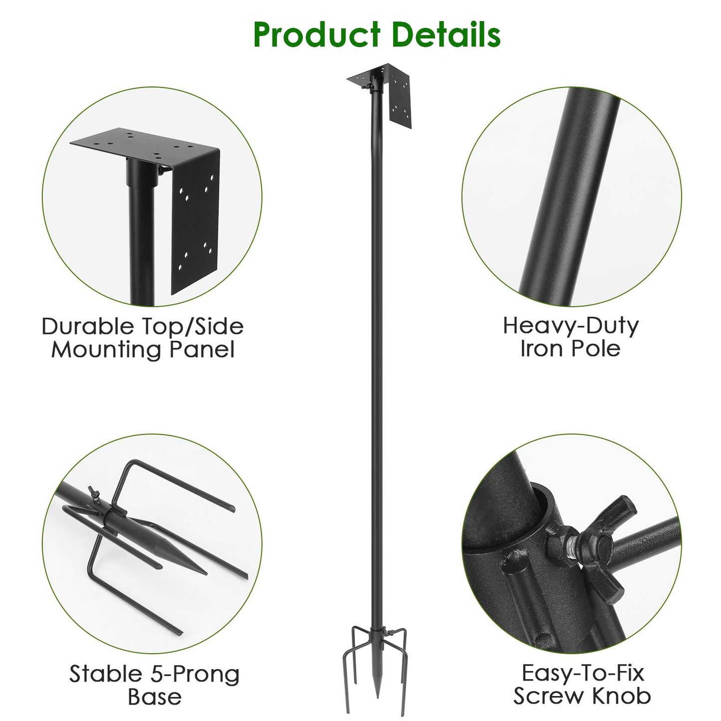 Four-callout view showing top/side mounting panel, iron pole finish, 5-prong base and screw knob details