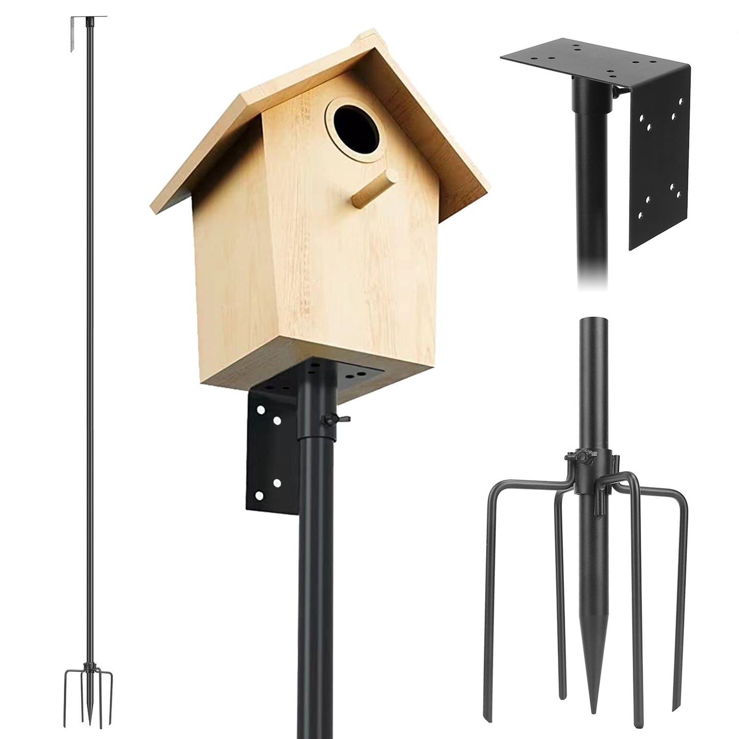 Wood birdhouse mounted to L-bracket with separate pole and five-prong spike base shown for assembly
