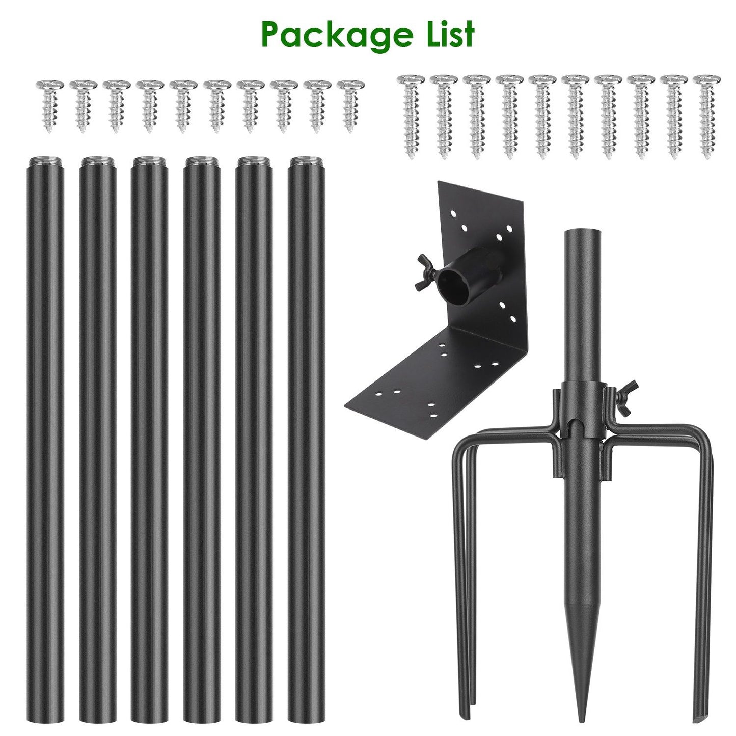 Flat-lay package contents: six rods, L-mount panel, 5-prong spike base and two sets of self-tapping screws