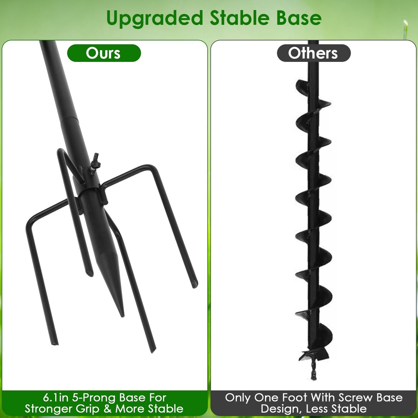 Close-up of upgraded five-prong spike base next to single-foot auger for stability comparison