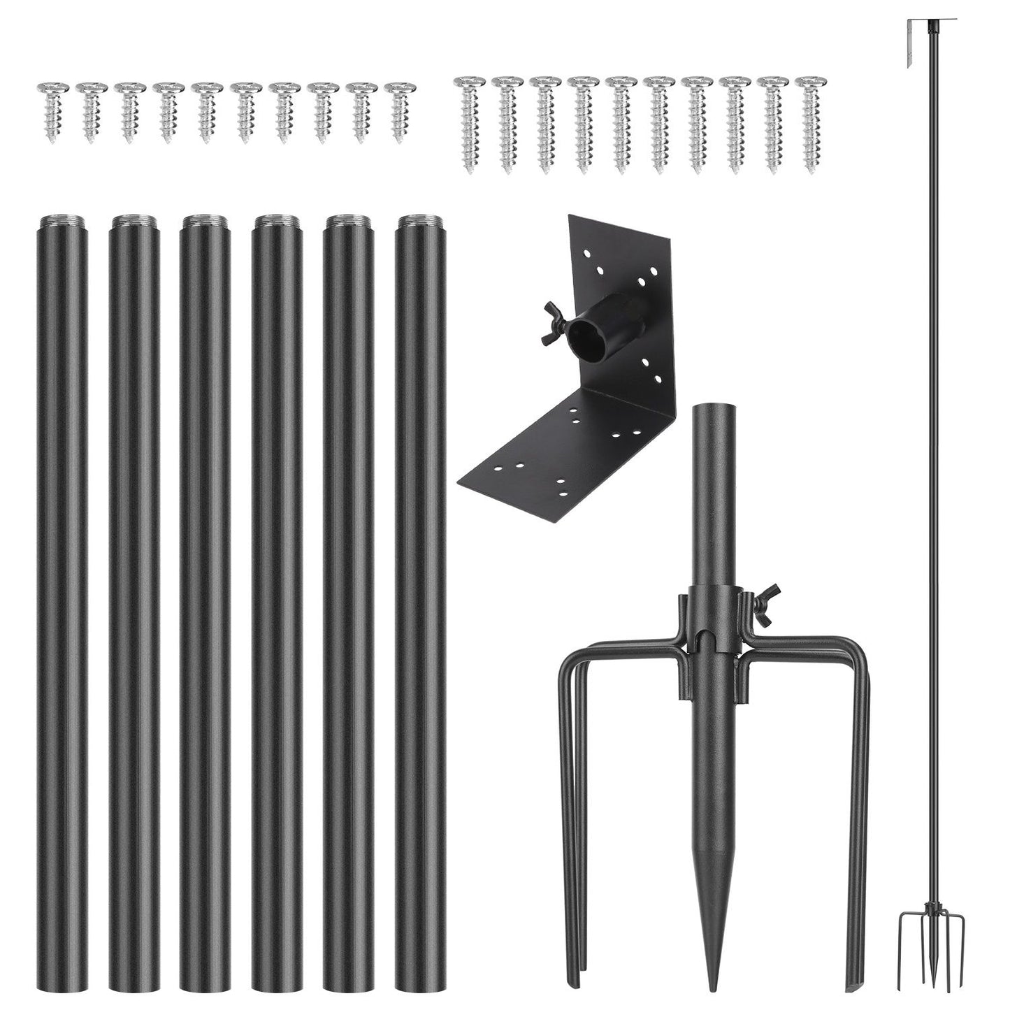 All kit parts spread out: six rods, L-mount panel, 5-prong spike base and sets of screws for assembly