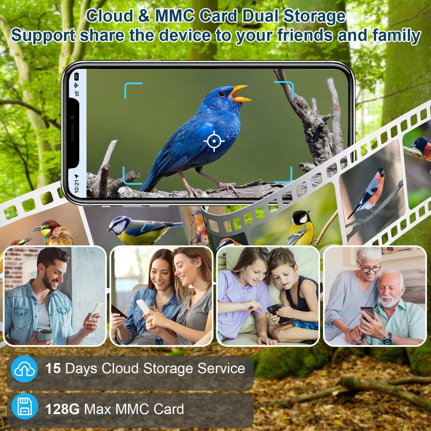 Smart feeder storage options shown with phone preview, cloud storage and 128GB MMC card support