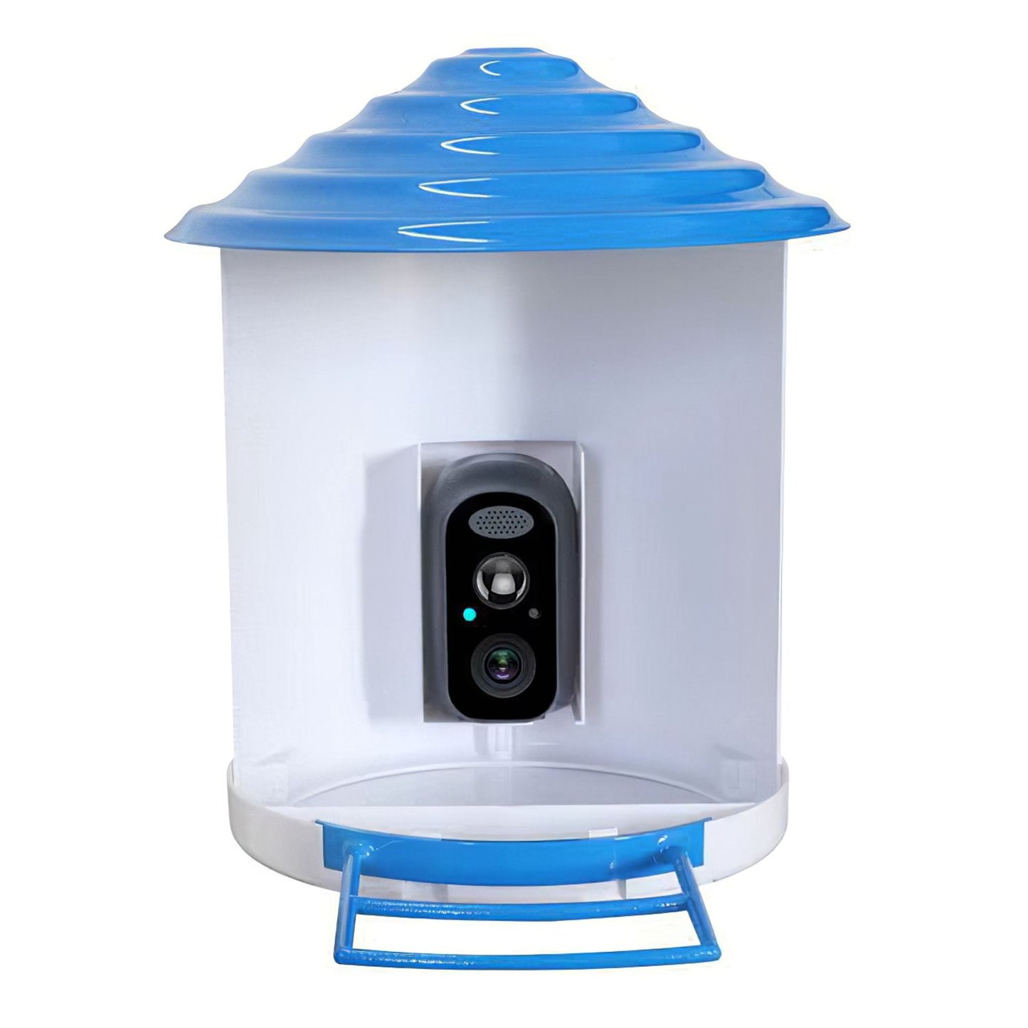 Close-up of white bird feeder interior with mounted black camera and blue feeding tray
