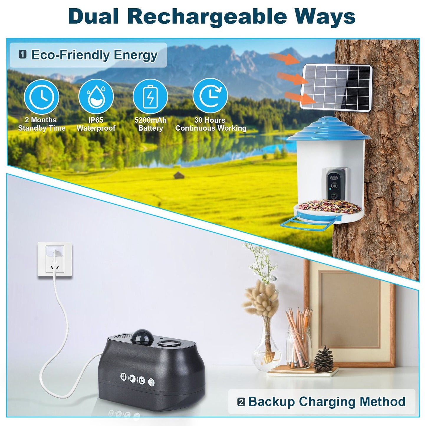 Solar panel above feeder outdoors and USB backup charging base showing dual rechargeable options