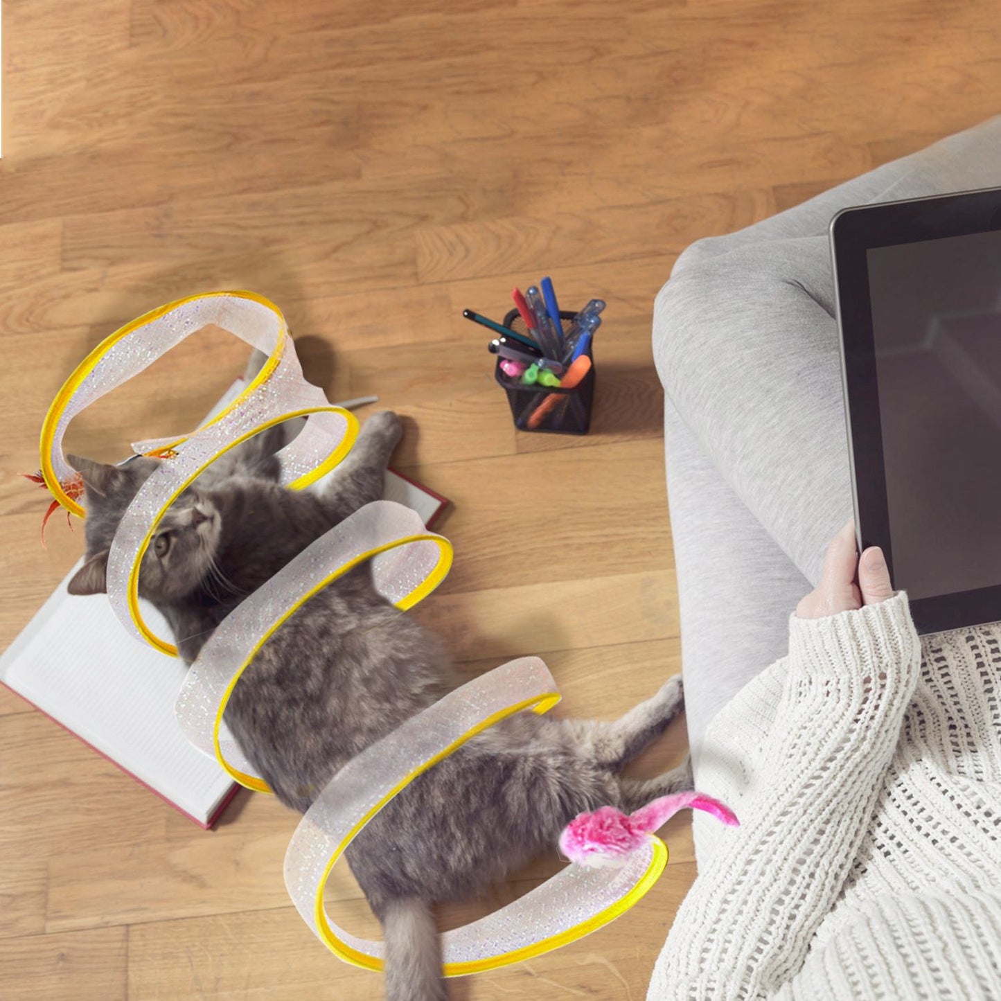 Overhead view of a cat partially inside a spiral mesh tunnel on the floor next to a person with a tablet