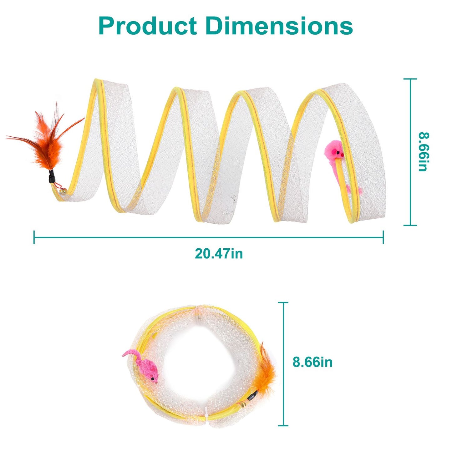 Dimension diagram of foldable cat tunnel showing 20.47in length and 8.66in height and folded diameter