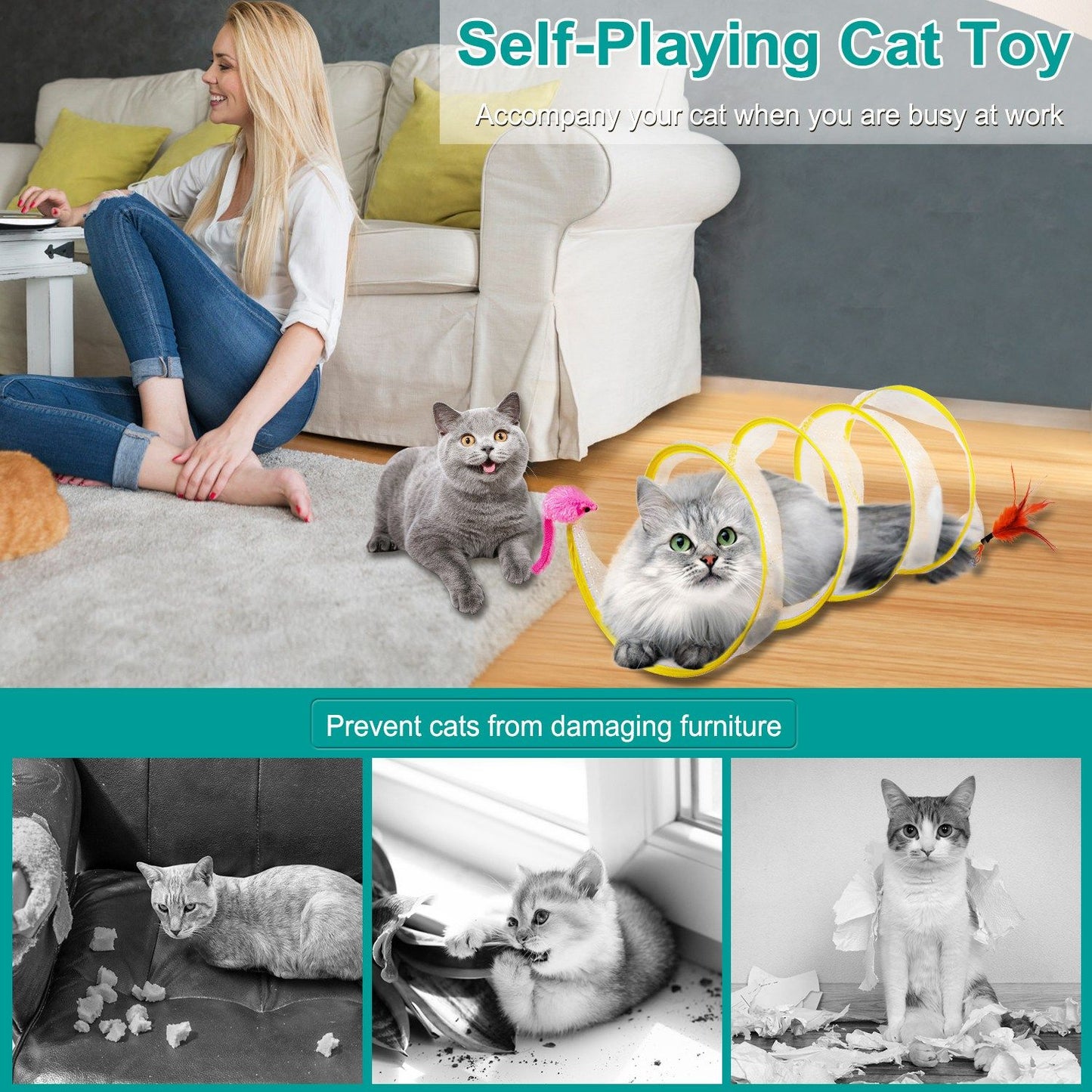 Living room scene of cats playing with a spiral foldable tunnel near a seated owner