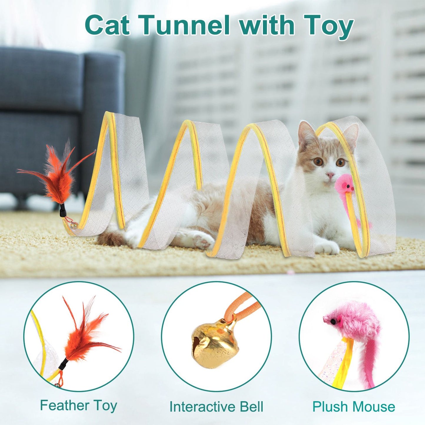 Foldable mesh cat tunnel with feather toy, bell and plush mouse shown with a cat on carpet