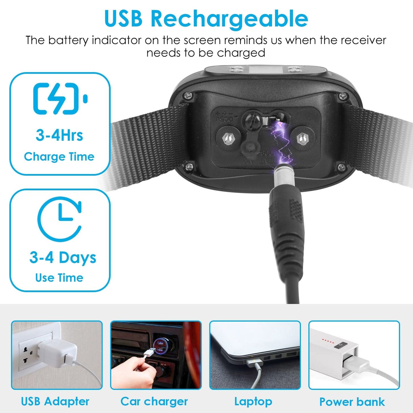 Receiver being charged via USB cable with icons for 3–4 hour charge time and 3–4 day runtime