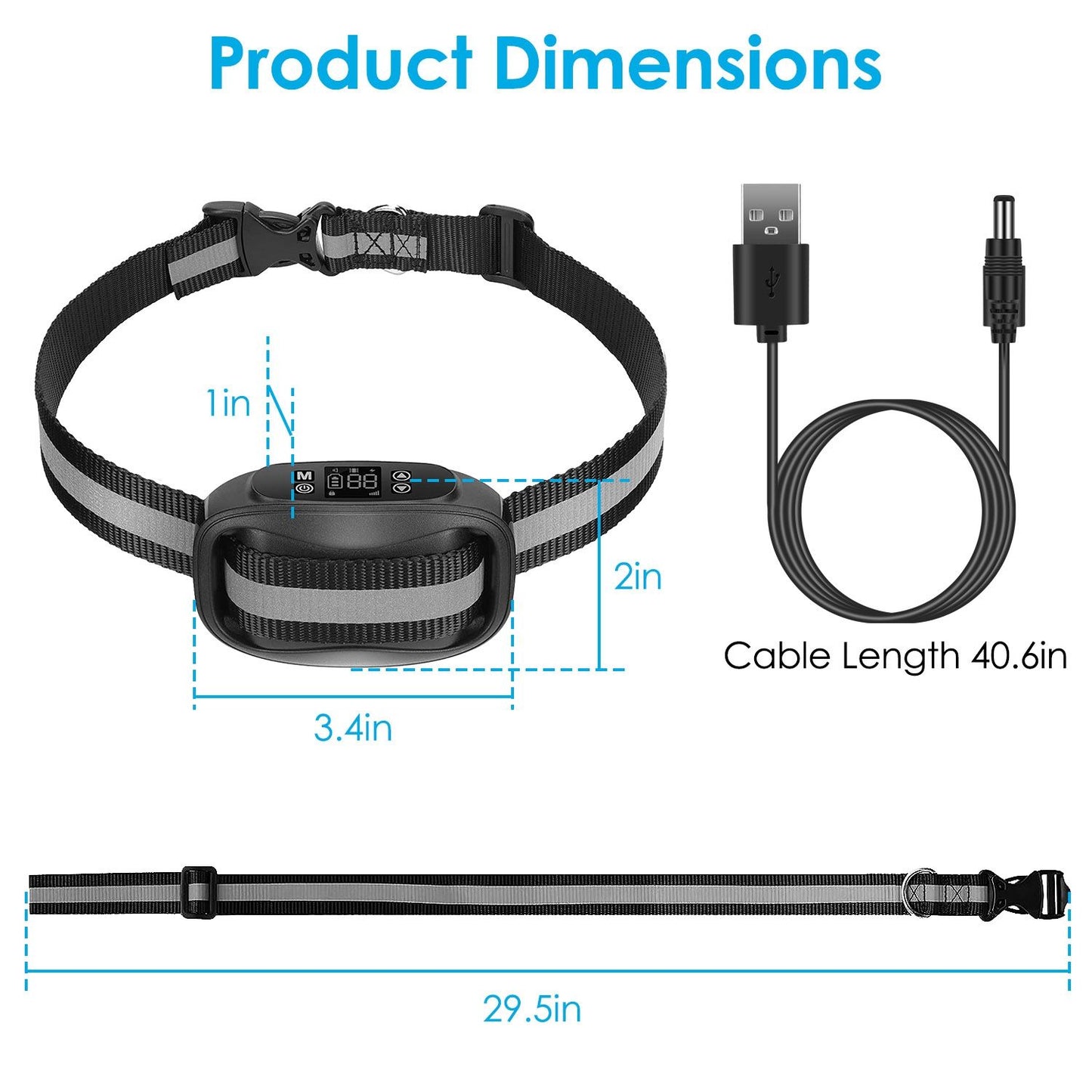 Collar receiver dimensions 3.4×2×1 in, strap up to 29.5 in and 40.6 in USB charging cable