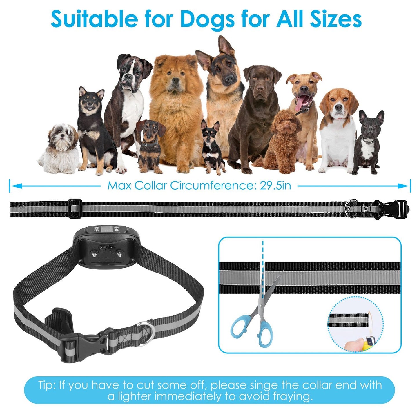 Adjustable reflective nylon collar shown with 29.5in max circumference and guidance to trim and seal strap