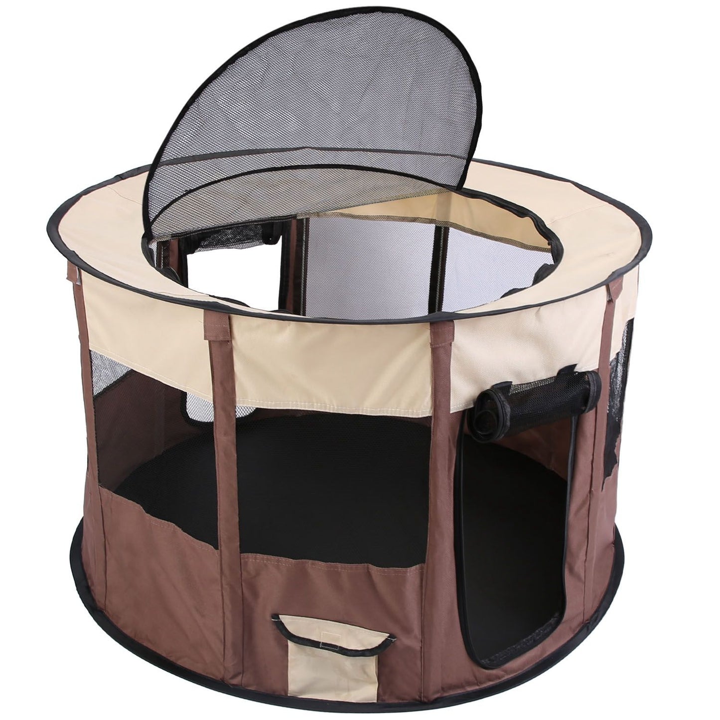 Round brown and beige foldable pet playpen with partial mesh top open