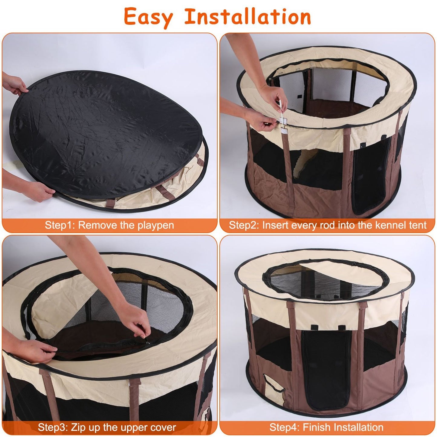 Four-step installation collage showing removal, rod insertion, zipping top and finished playpen