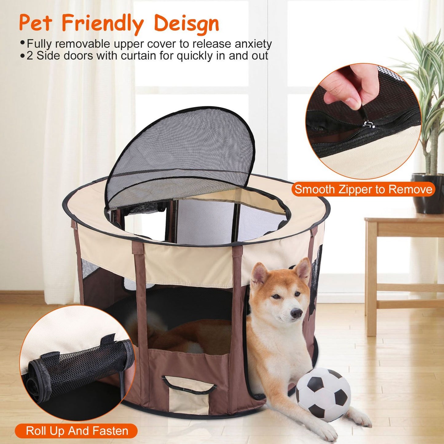 Playpen in room with inset closeups of removable mesh top and zipper details