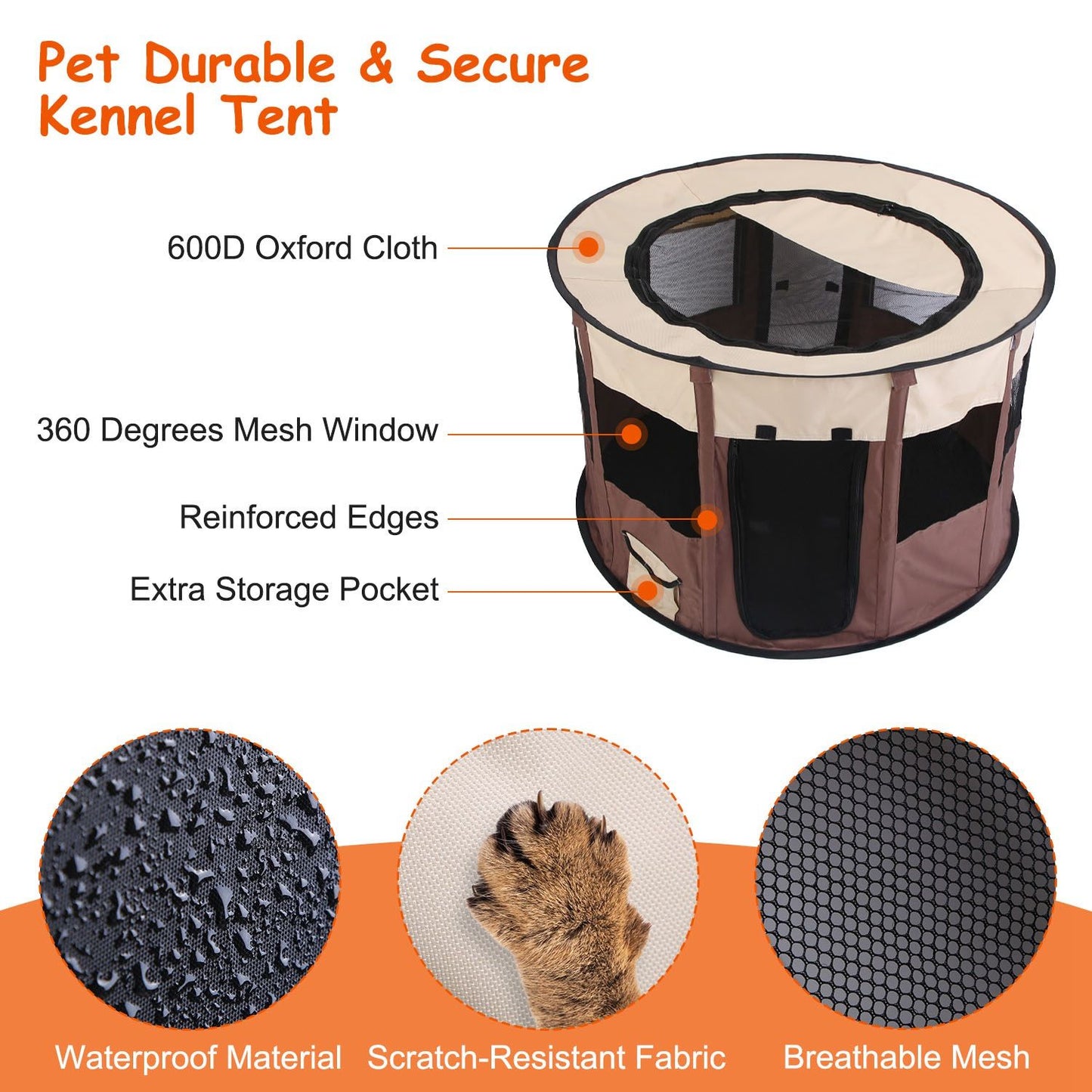 Feature graphic showing waterproof fabric, scratch-resistant material and breathable mesh