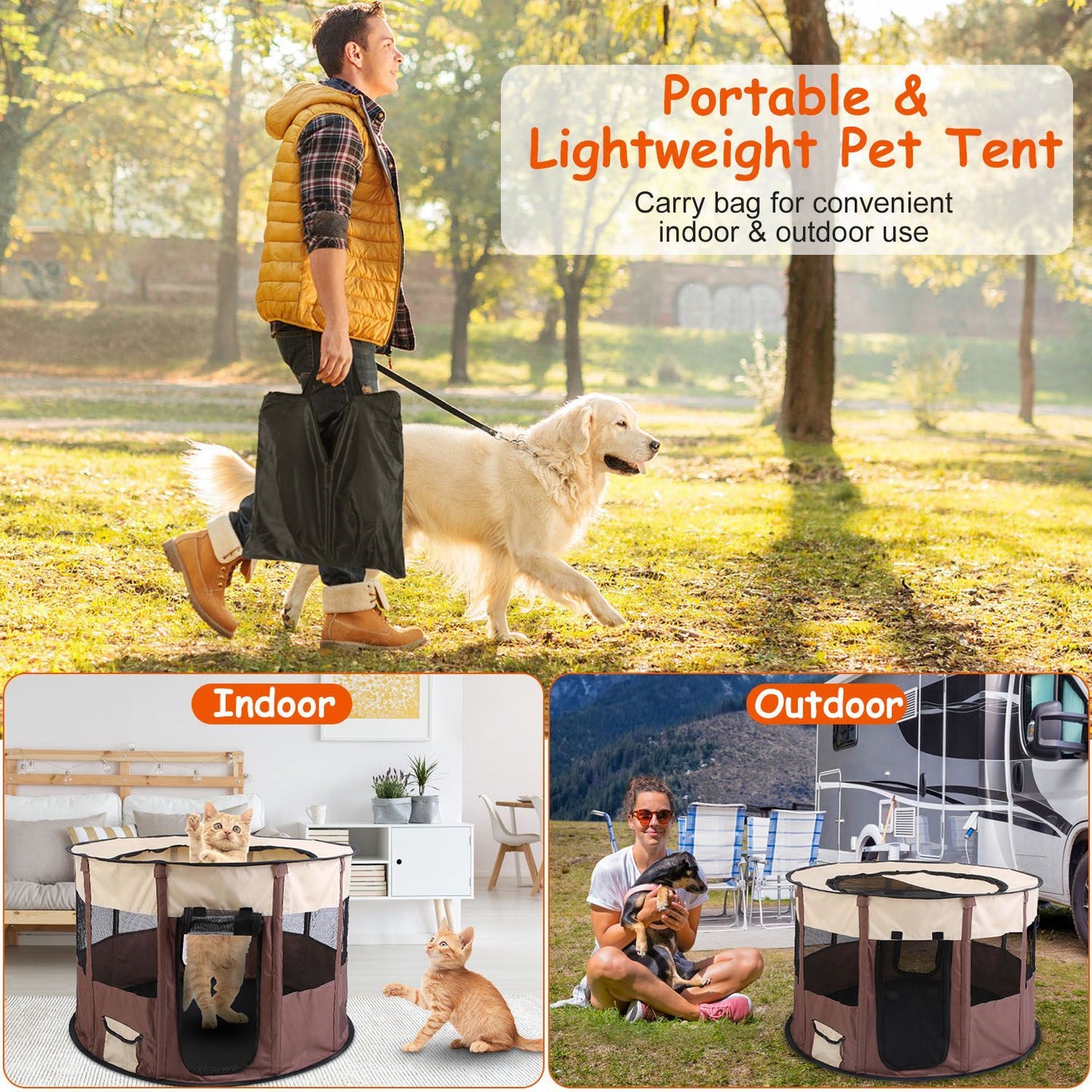 Outdoor lifestyle shot showing playpen portability with carry bag and indoor/outdoor use thumbnails