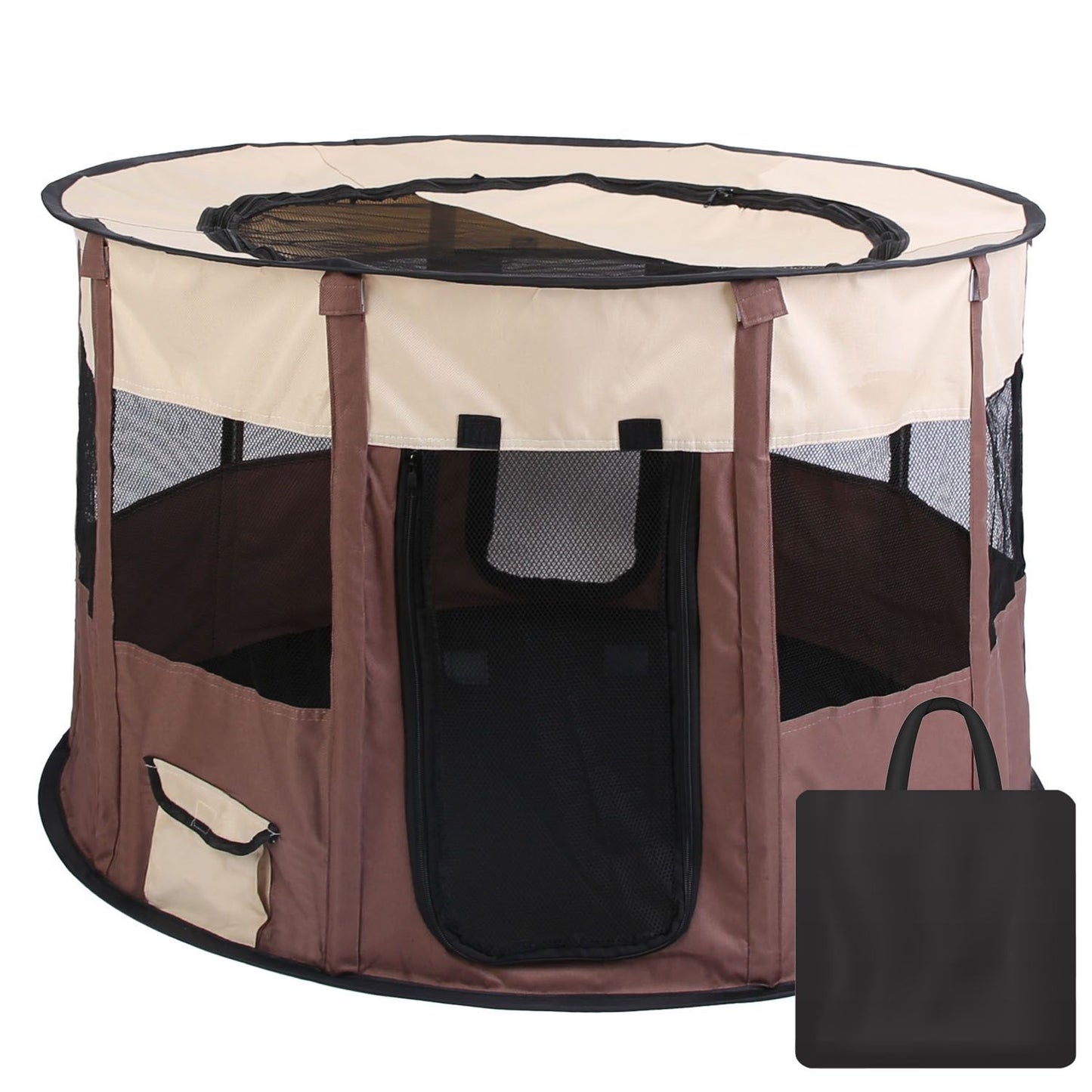 Top-down interior photo of playpen with litter tray and bowls showing usable interior space