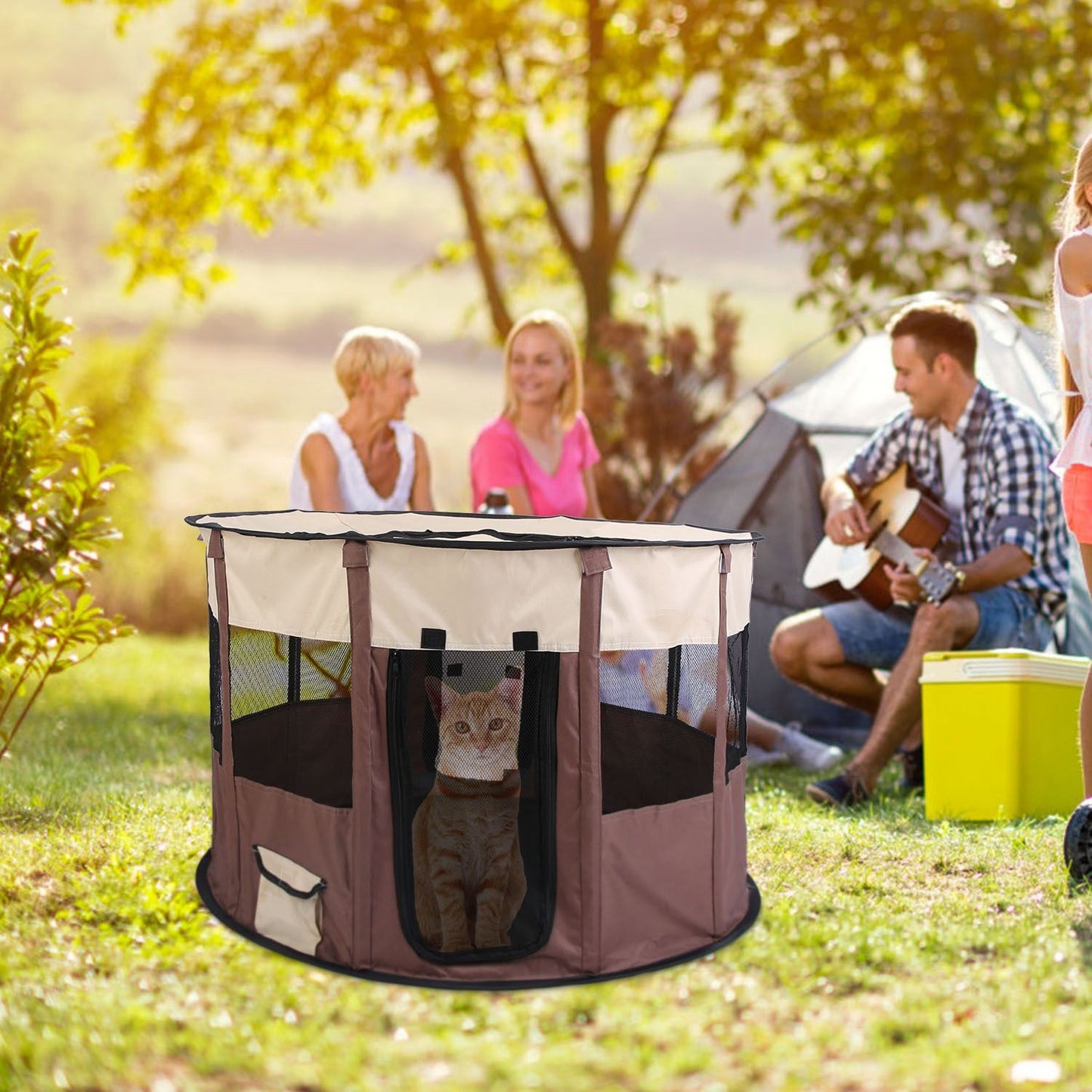 Sizing graphic displaying small medium and large playpen measurements and recommendations
