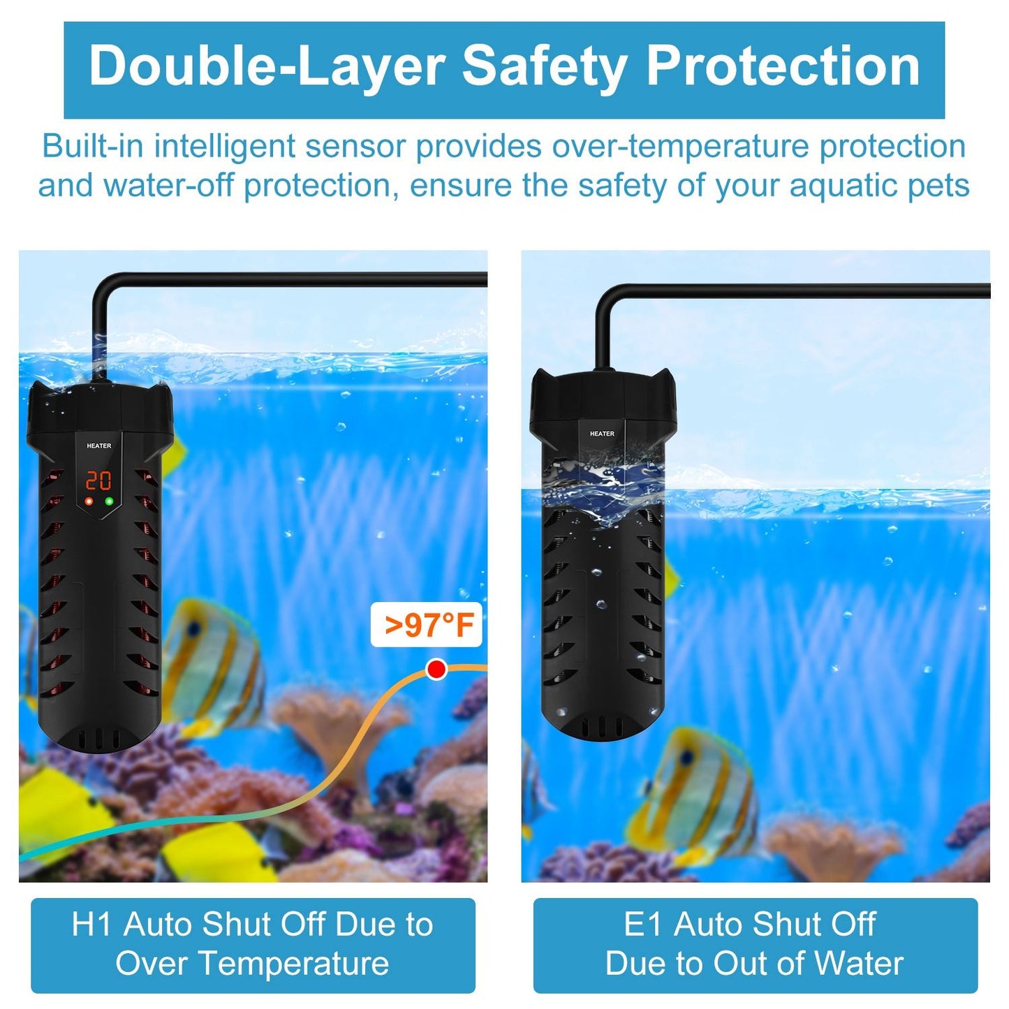 Graphic showing double-layer safety with over-temperature and out-of-water auto shutoffs