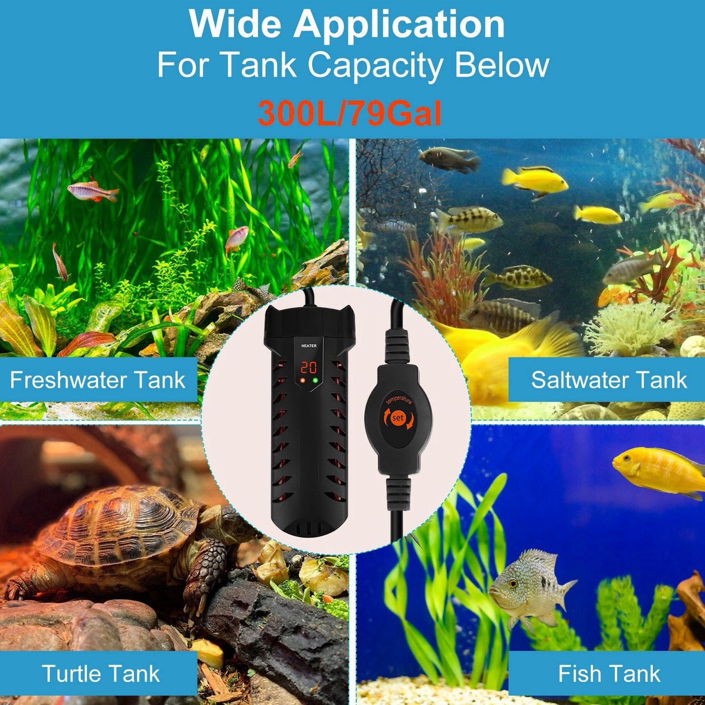 Heater shown suitable for freshwater, saltwater, turtle and fish tanks up to 79 gallons