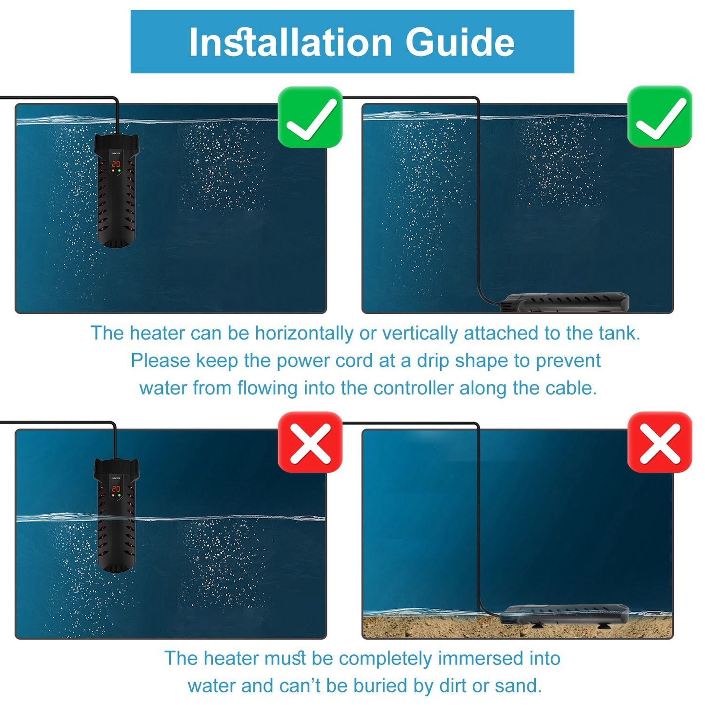 Installation guide showing correct vertical and horizontal mounting and improper buried or partially immersed placements