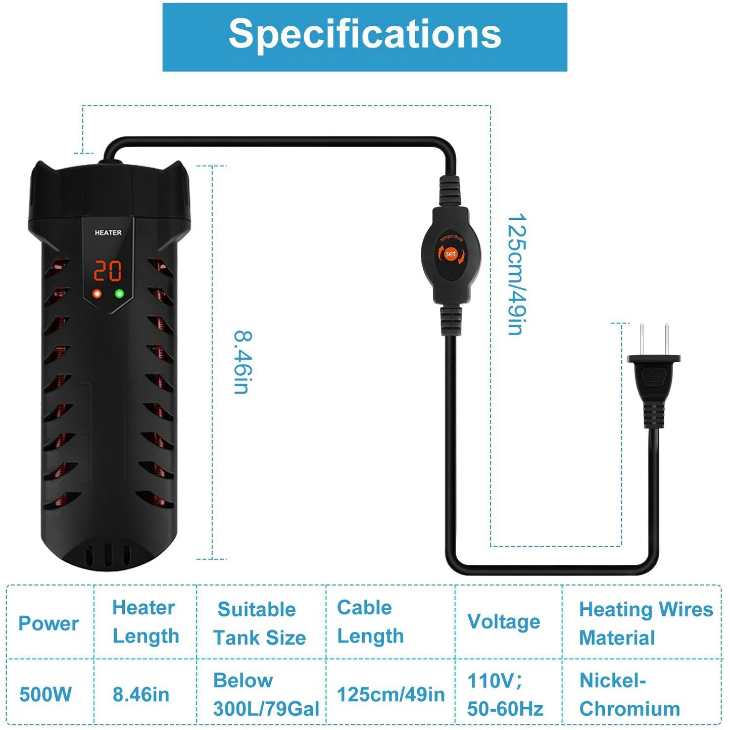 Specification diagram with heater dimensions, 49in cable and 500W power details