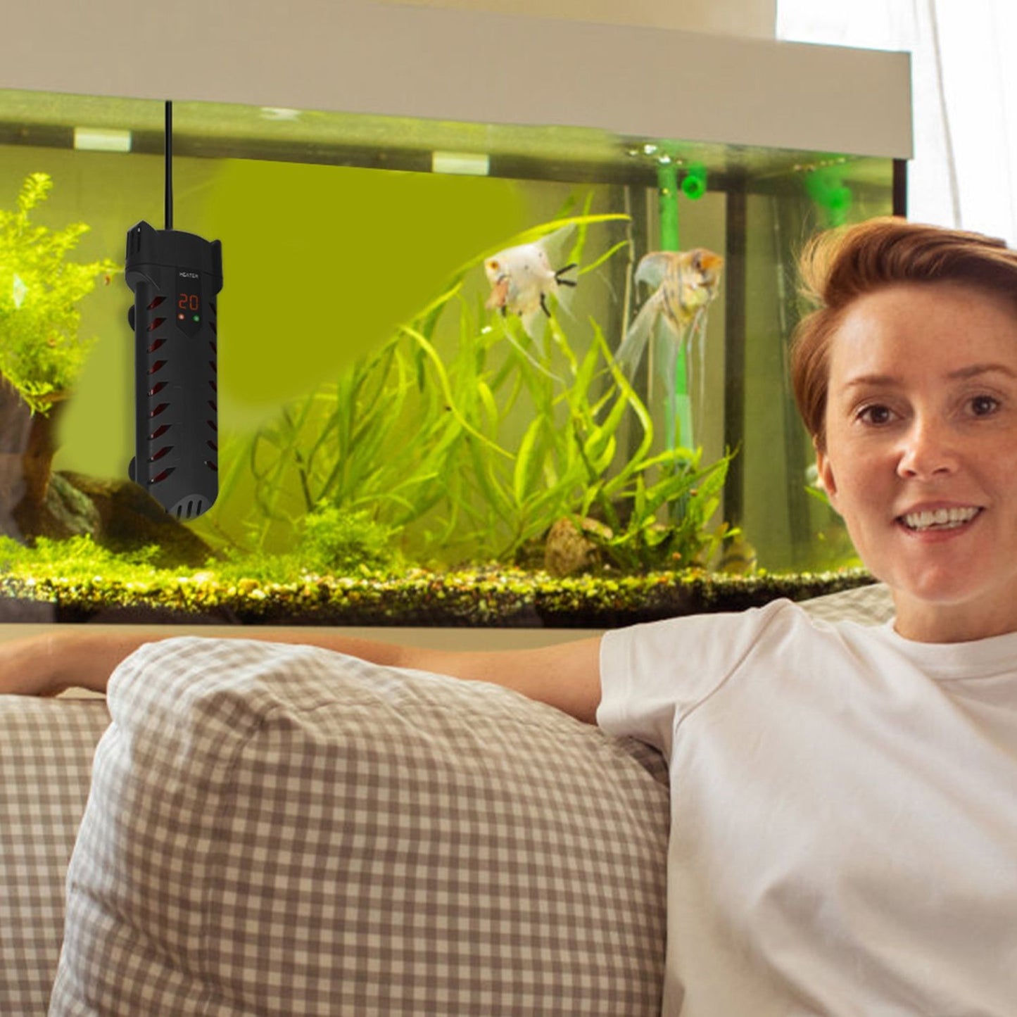 Home living-room aquarium with heater attached inside a planted tank beside seating