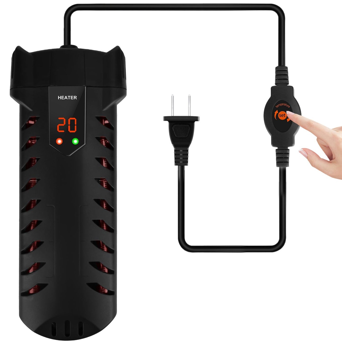 Studio shot of aquarium heater with digital display, plug and inline external controller being pressed