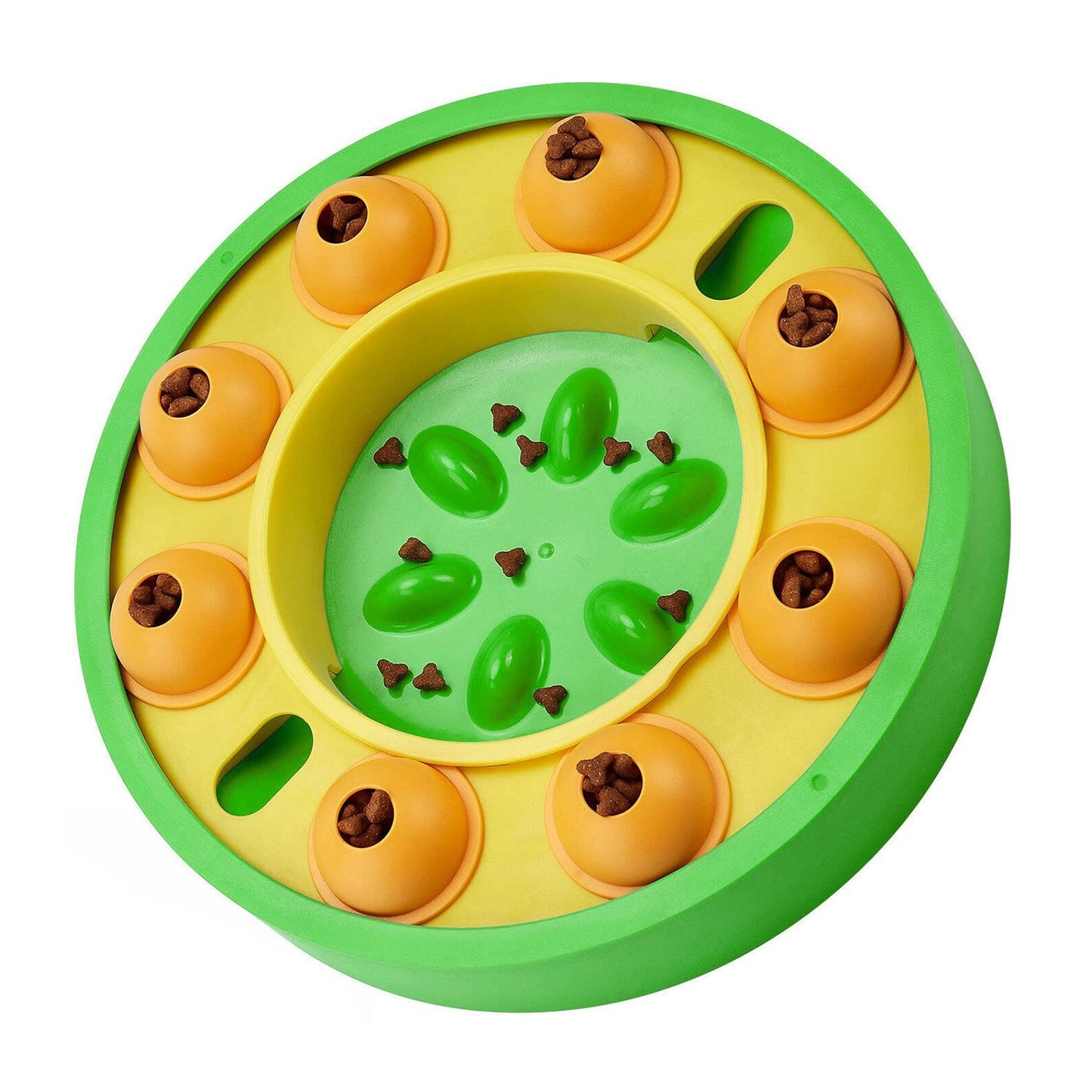 Top-angled view of feeder showing green central ridged bowl and orange granaries with kibble