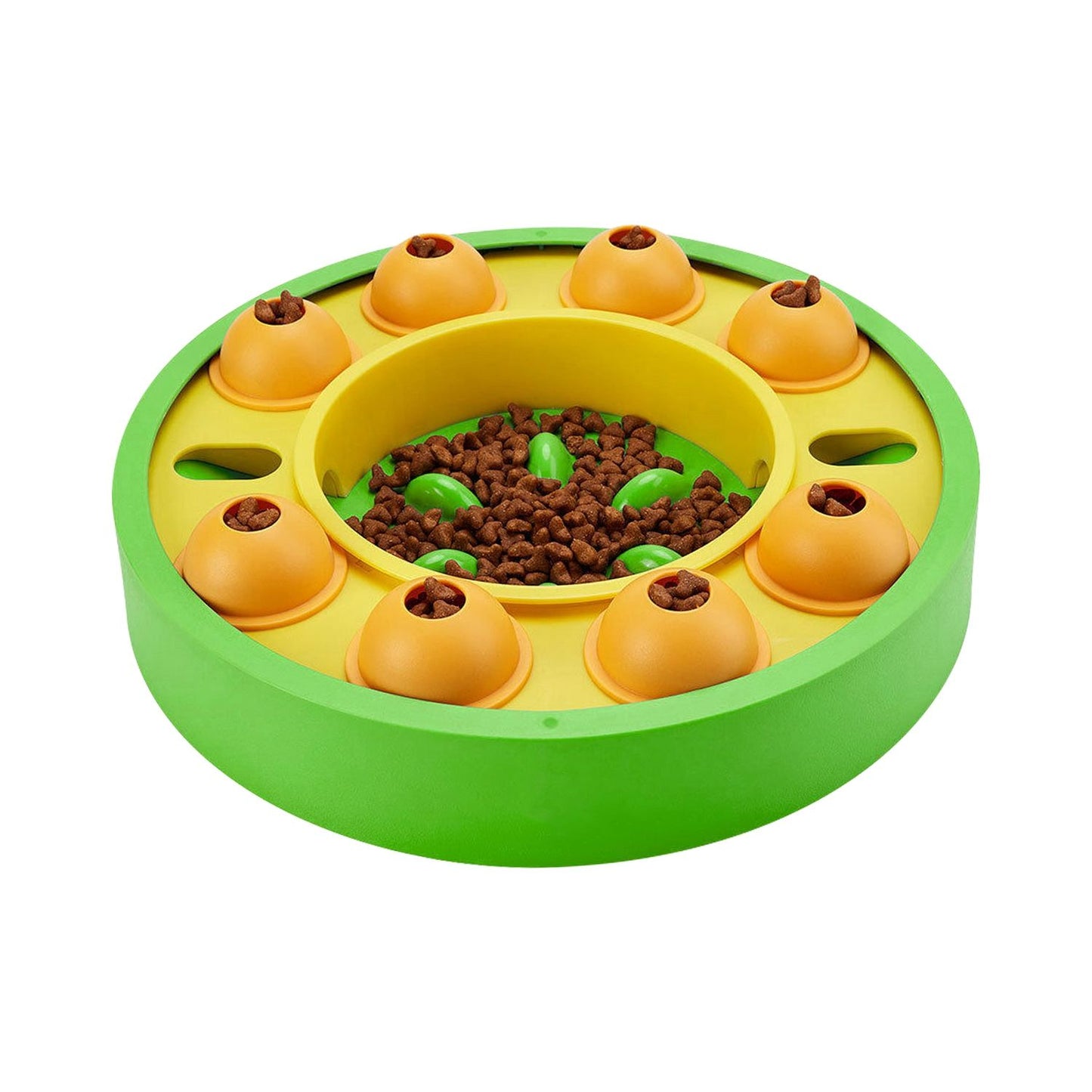 Angled view of green and yellow puzzle feeder with central bowl of kibble and eight orange granaries