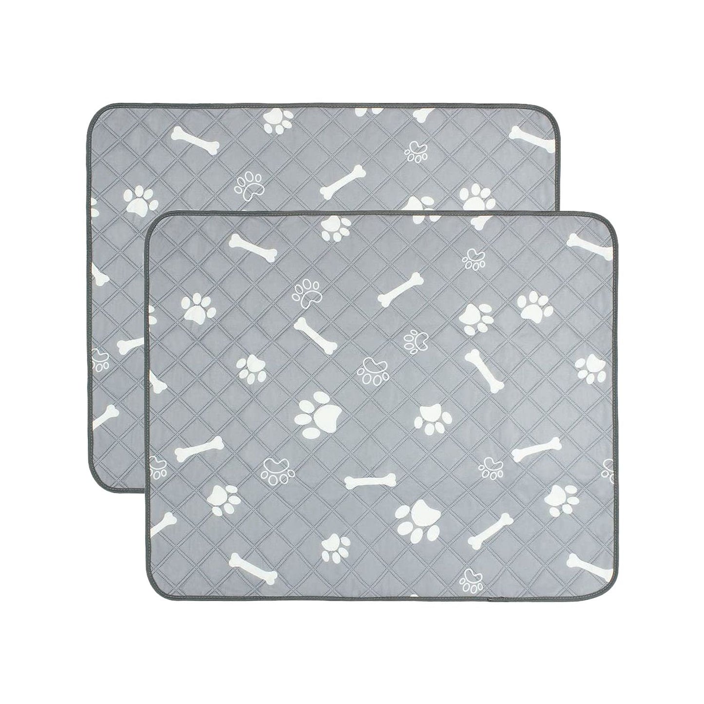 Two grey quilted reusable pet pee pads with white paw print and bone pattern stacked