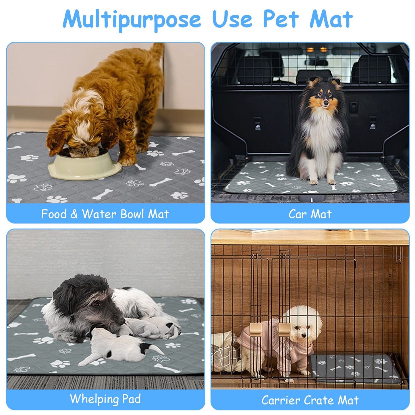 Collage of pad used as bowl mat, car mat, whelping pad and crate liner demonstrating multiple uses