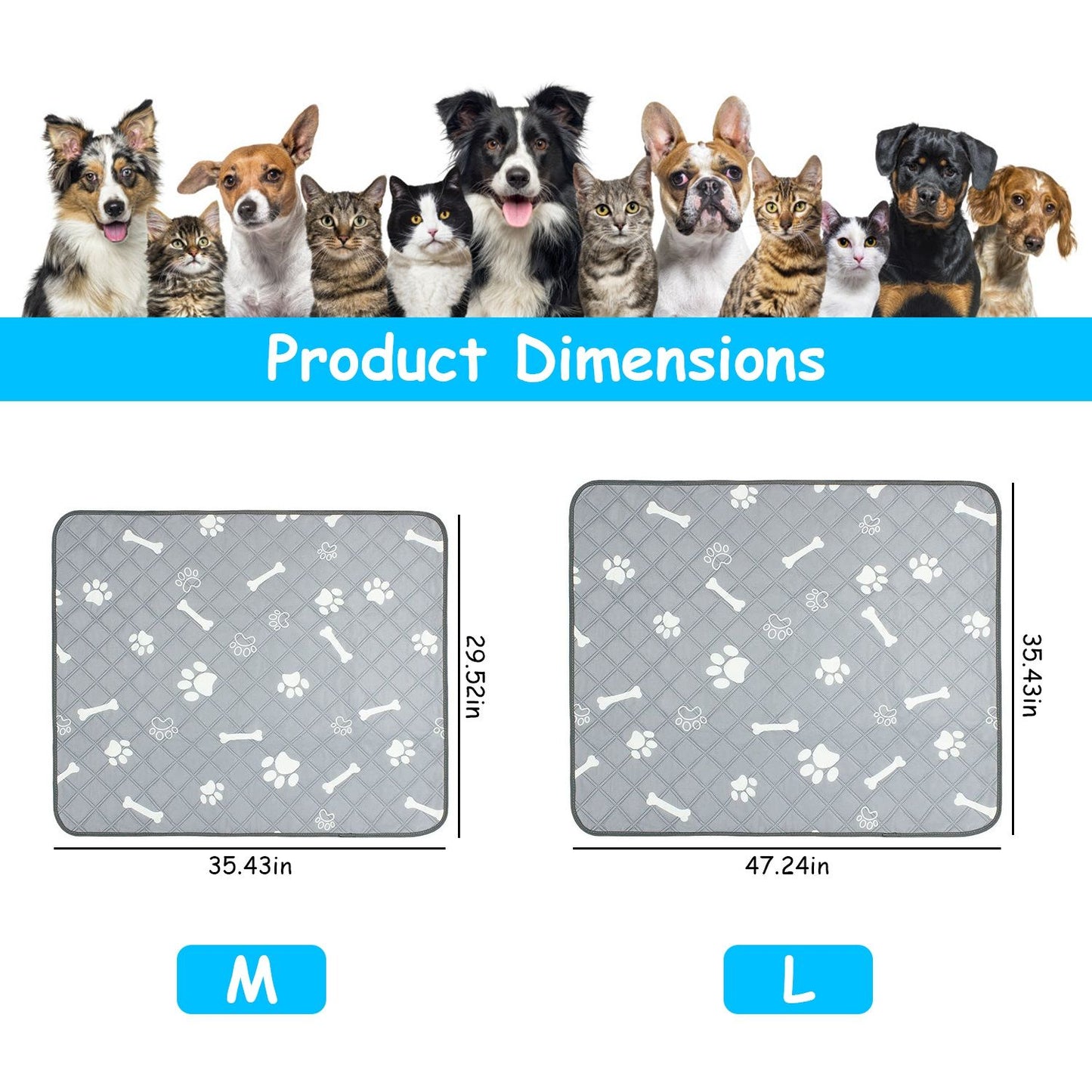 Product dimensions graphic for M and L washable pet pads with measurements for shoppers to compare sizes