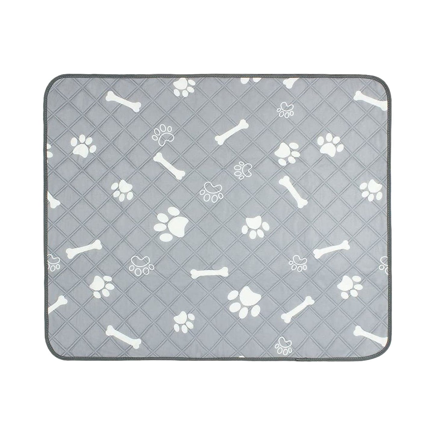 Flat grey quilted pet pee pad with white paw prints and bones shown against white background