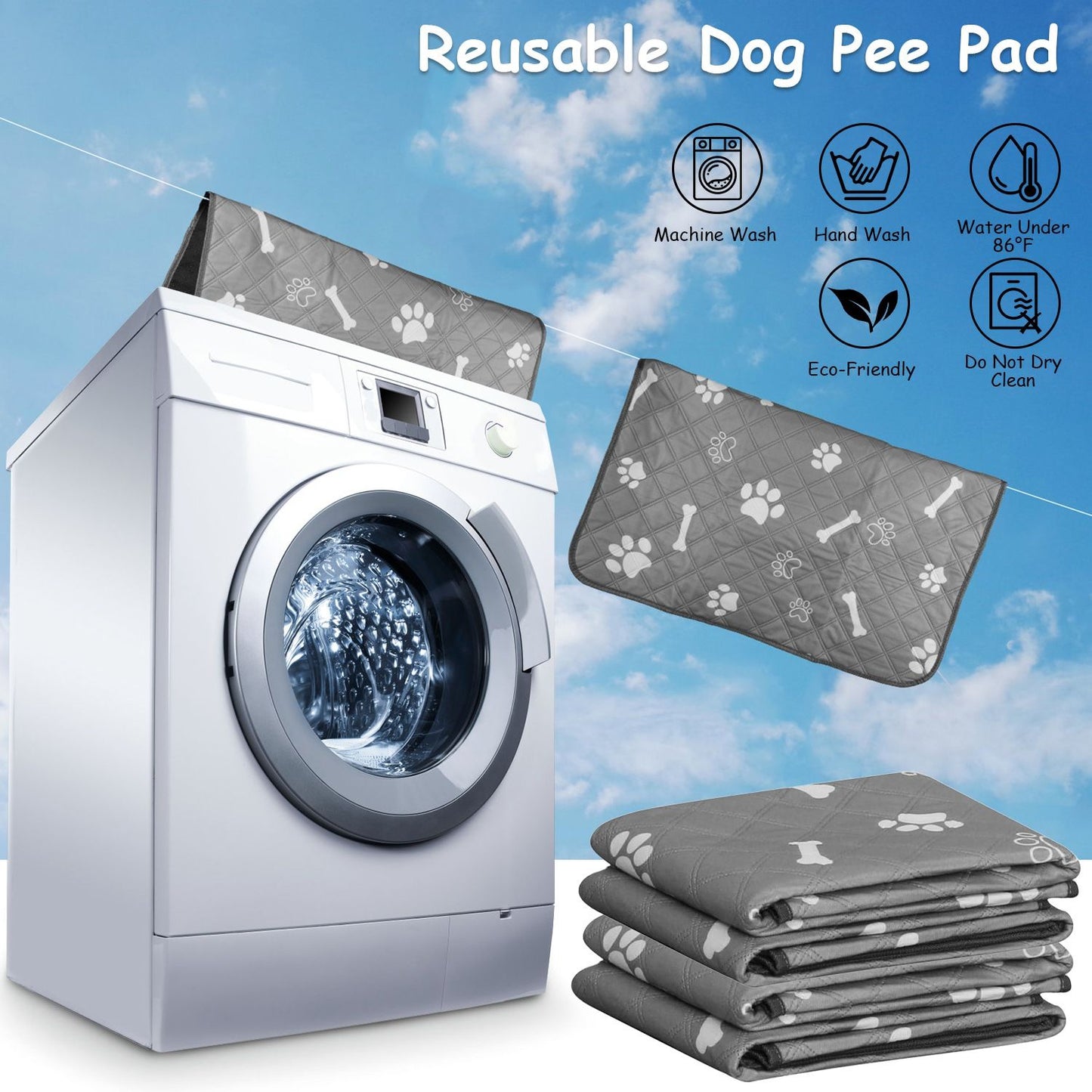 Washable pet pee pads next to front-load washer with care icons for machine wash and eco-friendly use