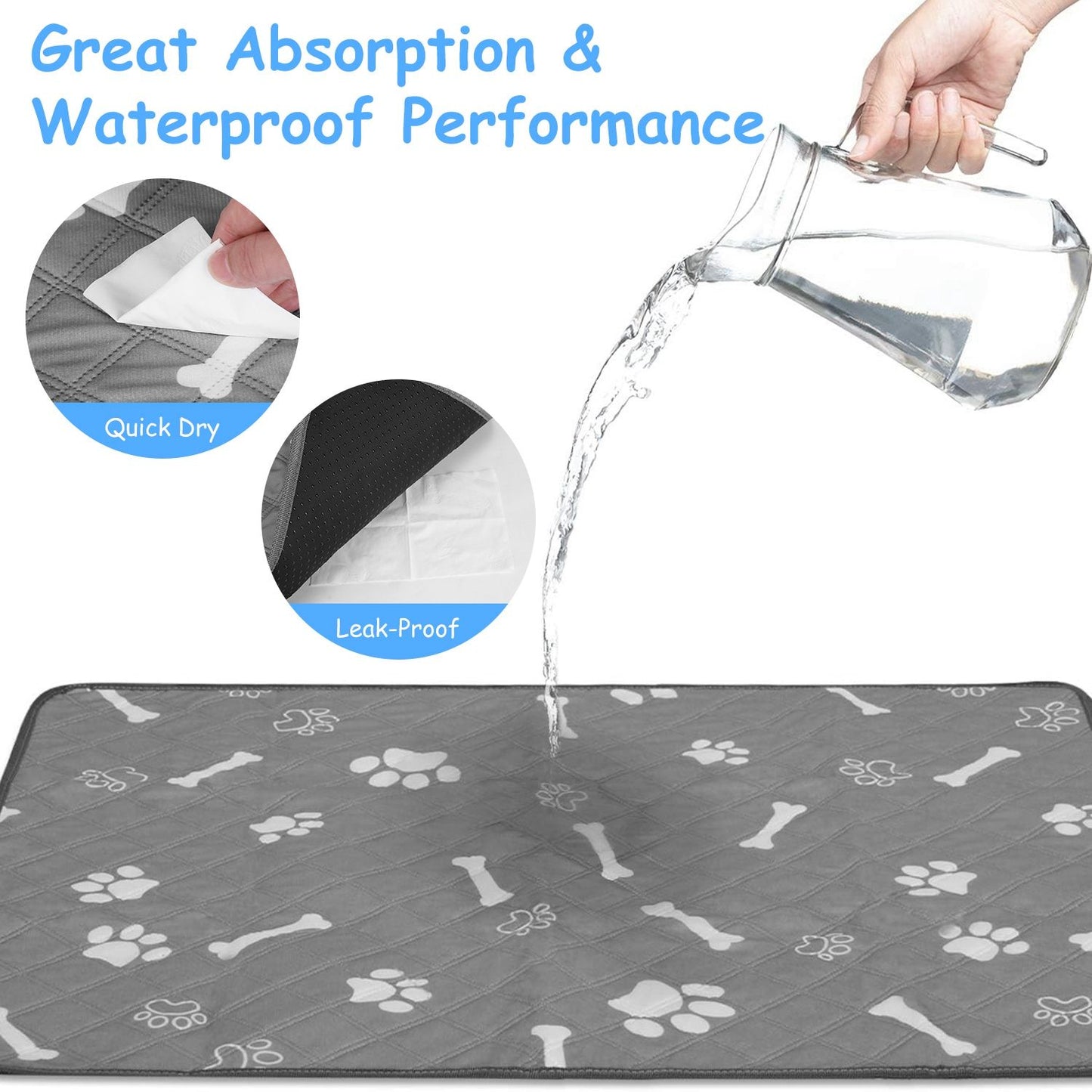 Water being poured onto a grey paw-print pad to show waterproof, quick-dry surface and leak-proof backing