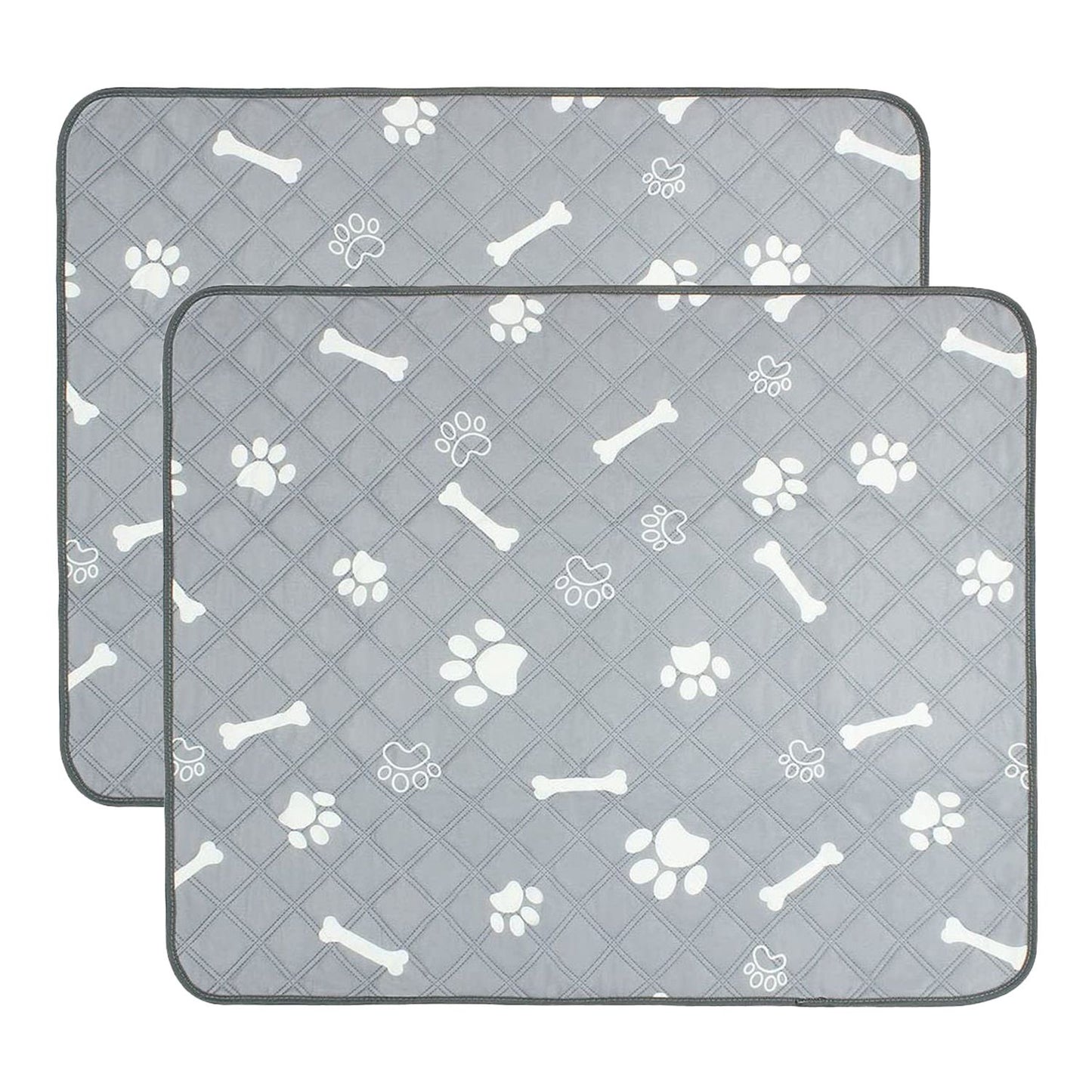 Two matching grey quilted pet pads with white paw and bone pattern shown offset to indicate a 2-piece set