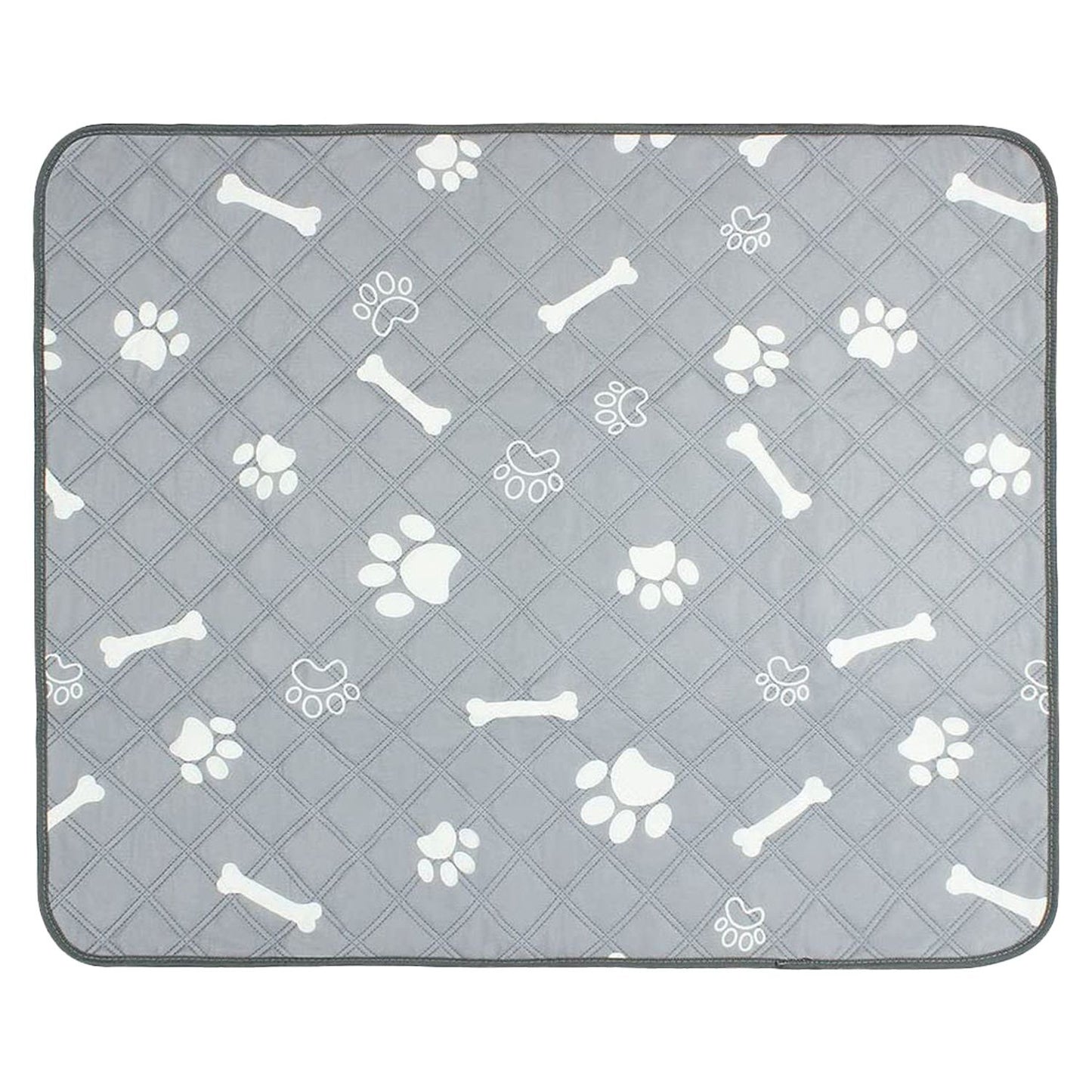 Single grey quilted pet pee pad with white paw and bone pattern shown flat with visible stitching and edge binding