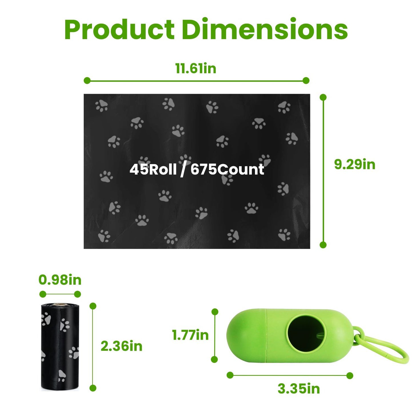 Diagram of bag and dispenser dimensions with 45-roll 675 count callout