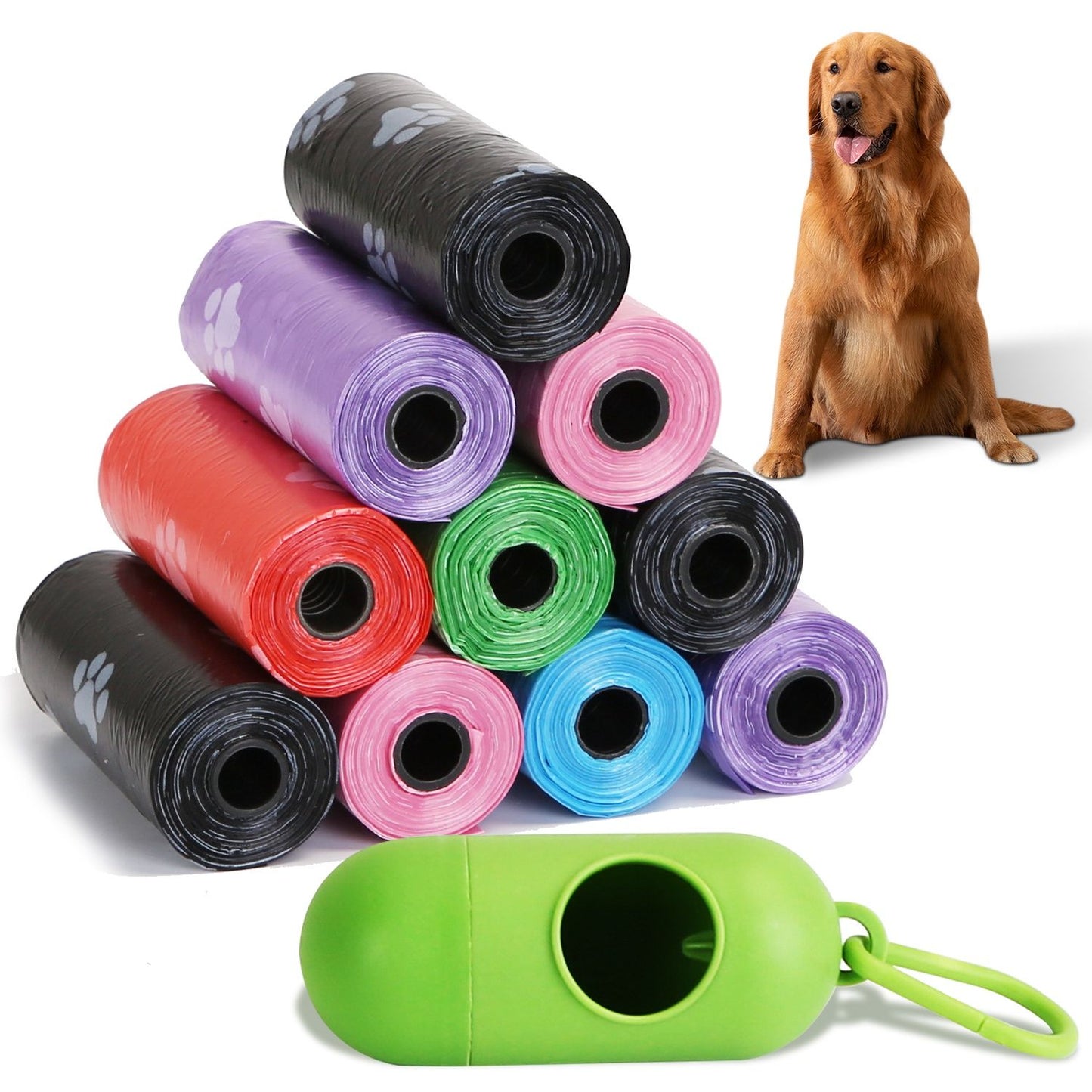Pyramid of colorful paw-print bag rolls with green dispenser in foreground
