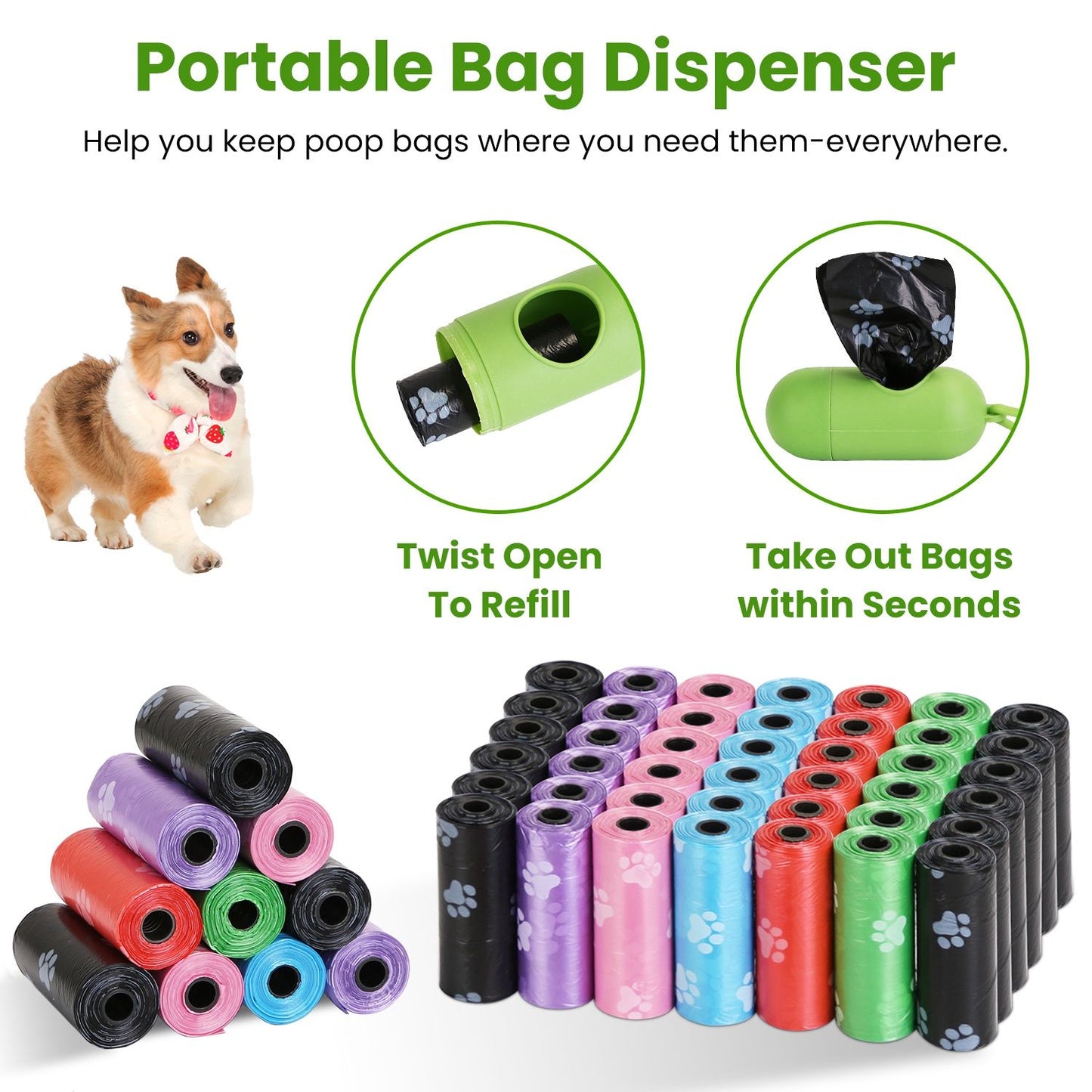 Stacks of paw-print bag rolls and green twist-open portable dispenser