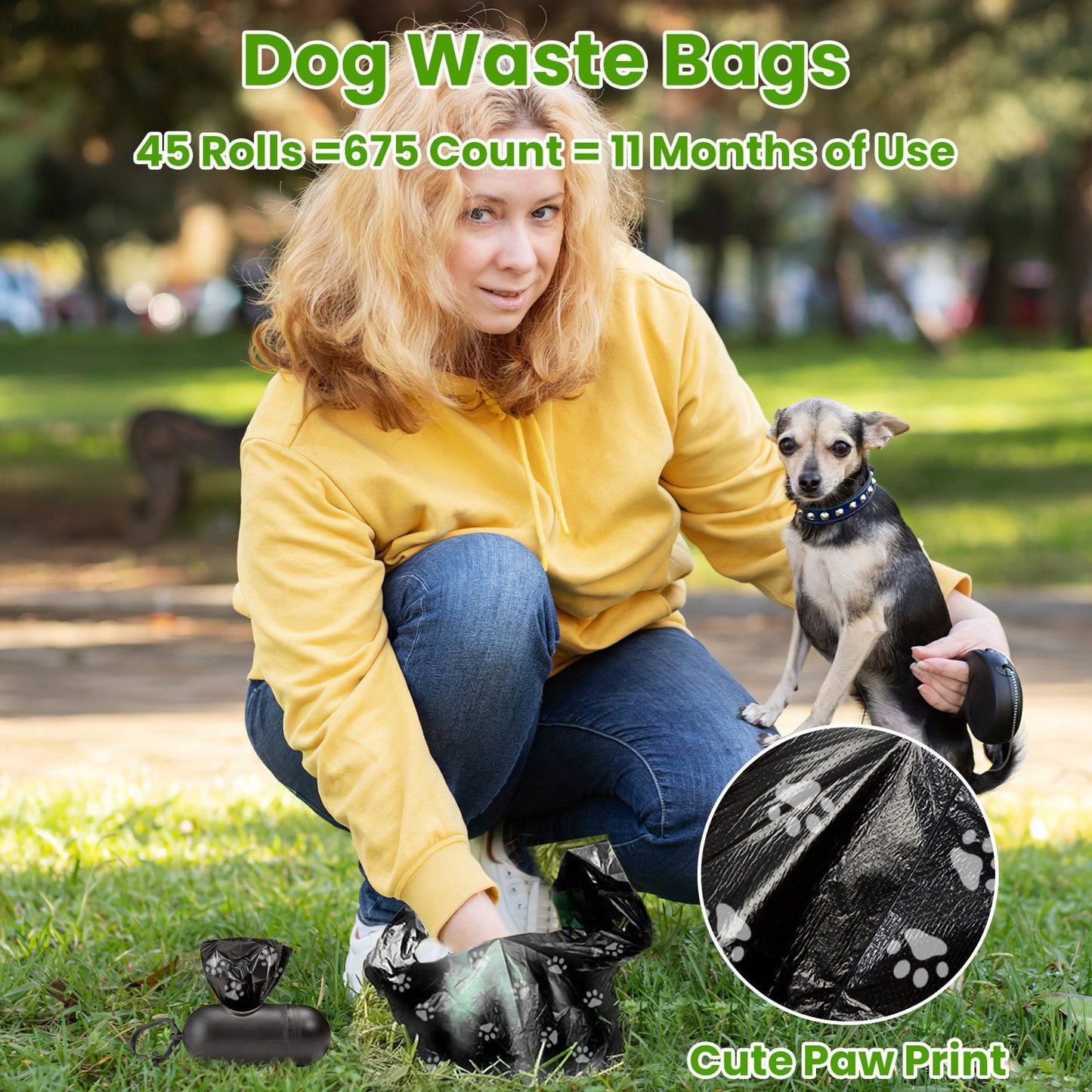 Person kneeling in park picking up dog waste with black paw-print bag