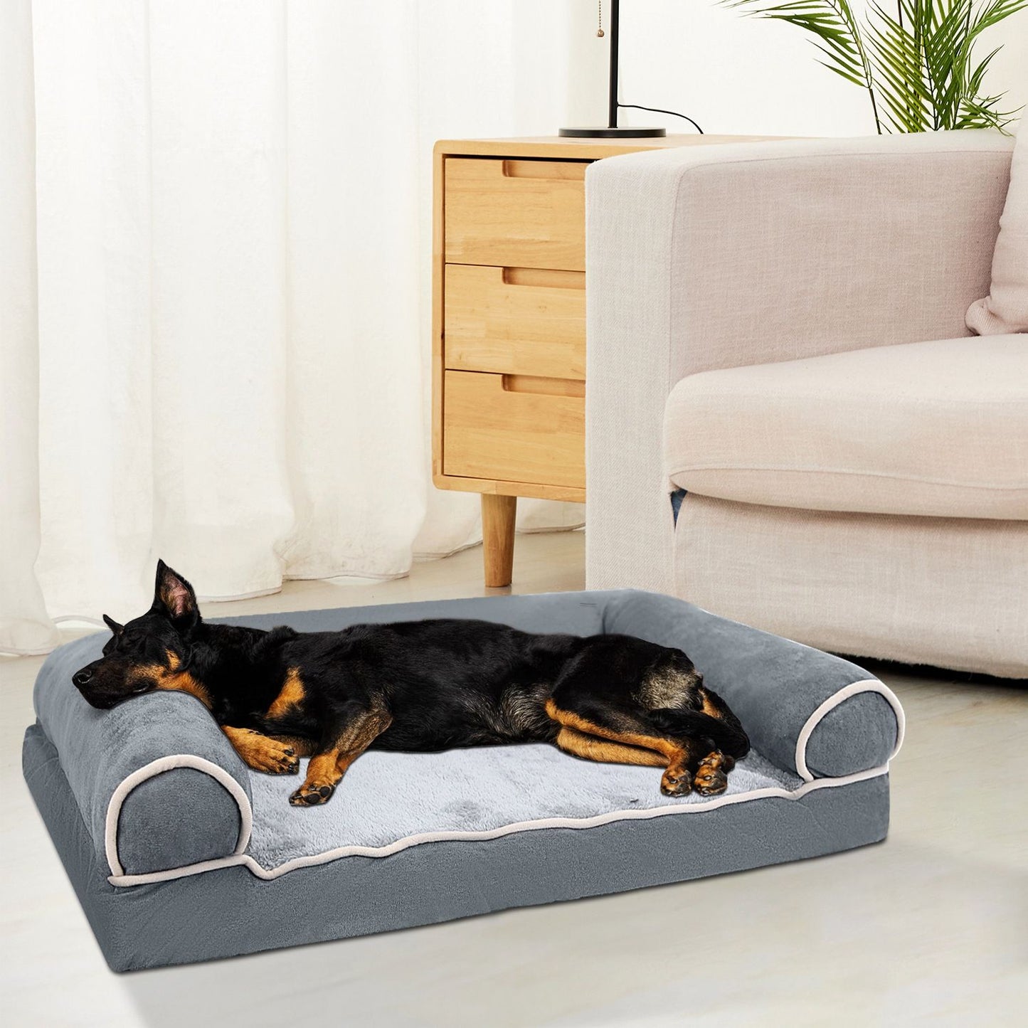 black dog sleeping on grey bolstered pet bed in living room