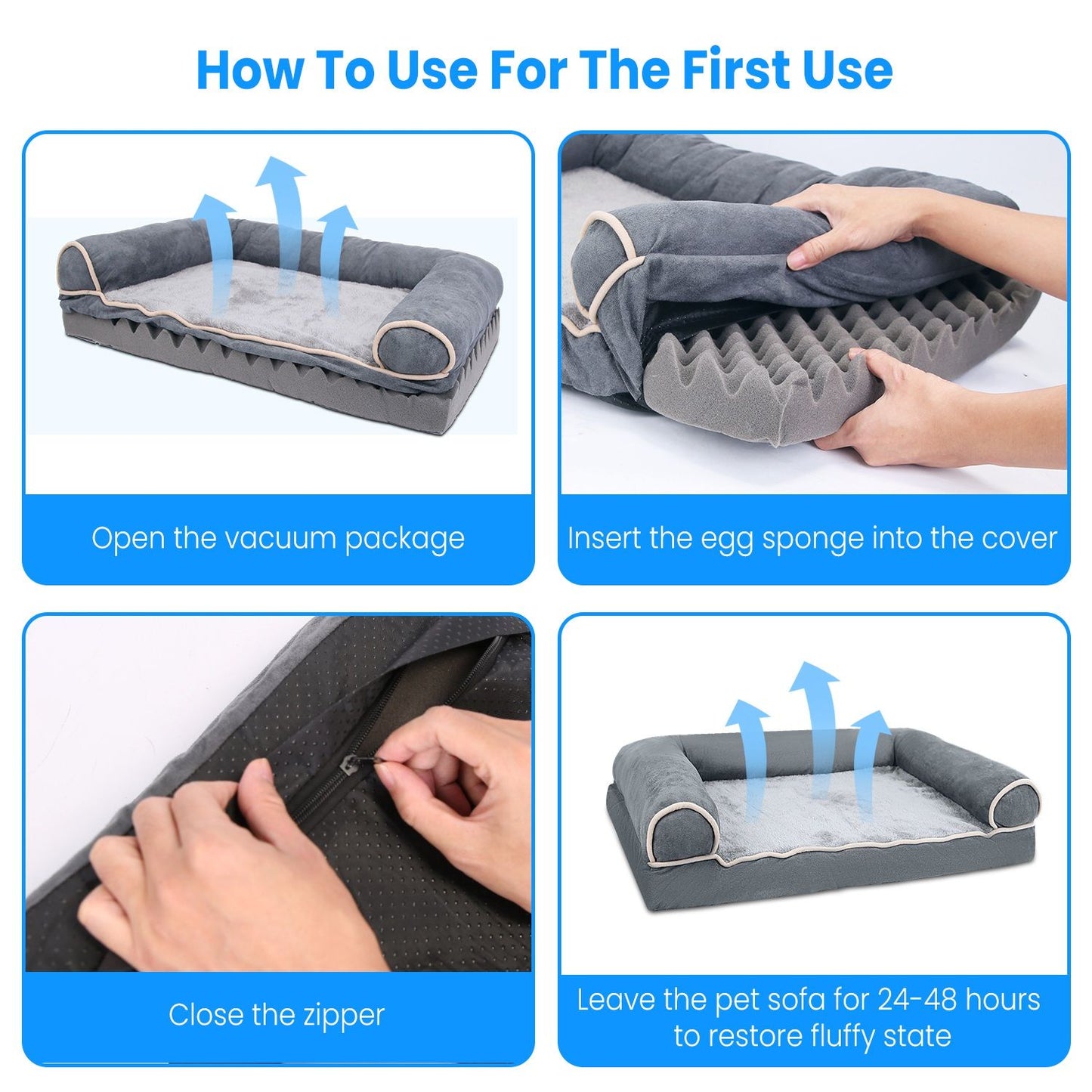 step-by-step images showing unpacking, inserting egg sponge and zipping removable cover