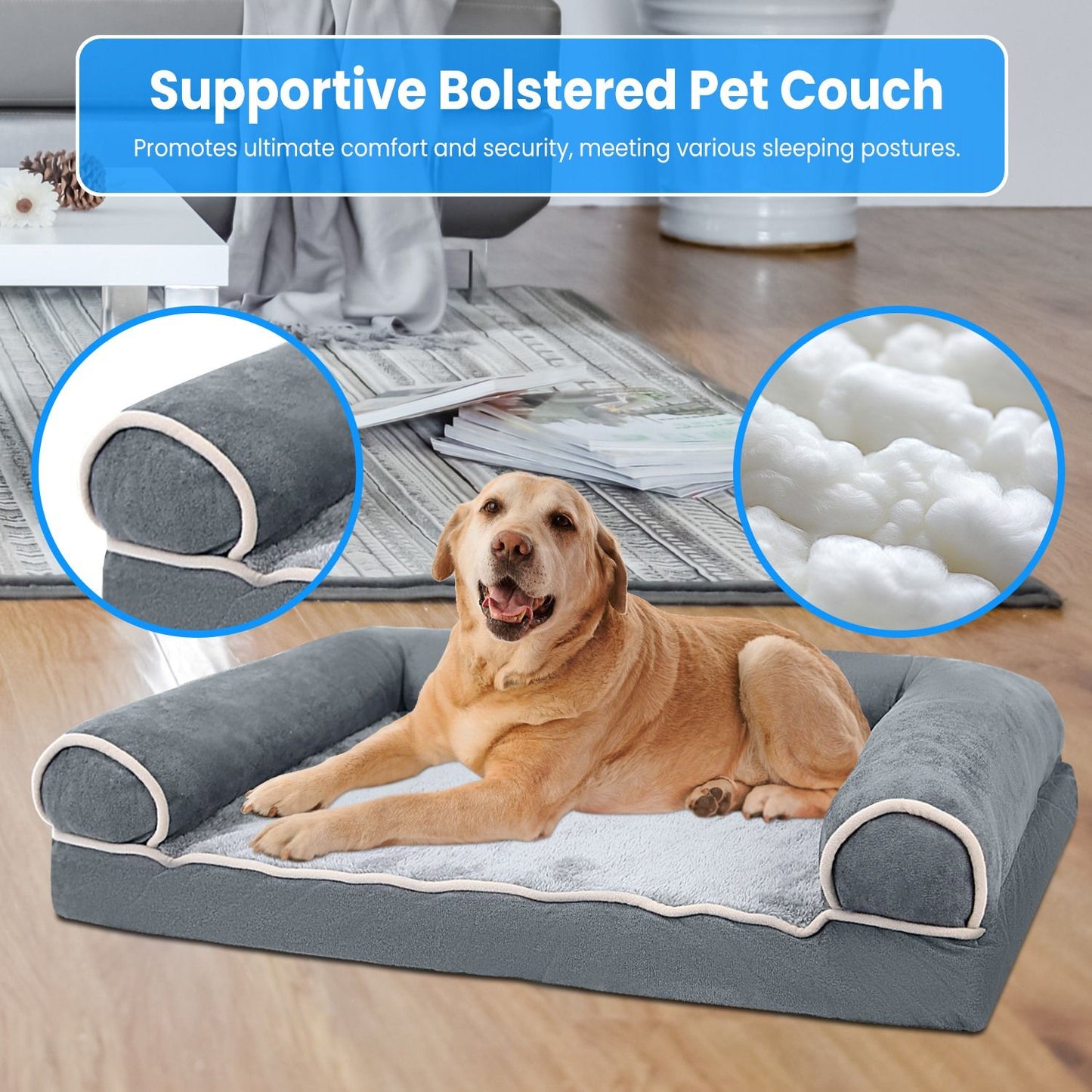 graphic of bolstered pet couch and interior stuffing highlighting support and comfort
