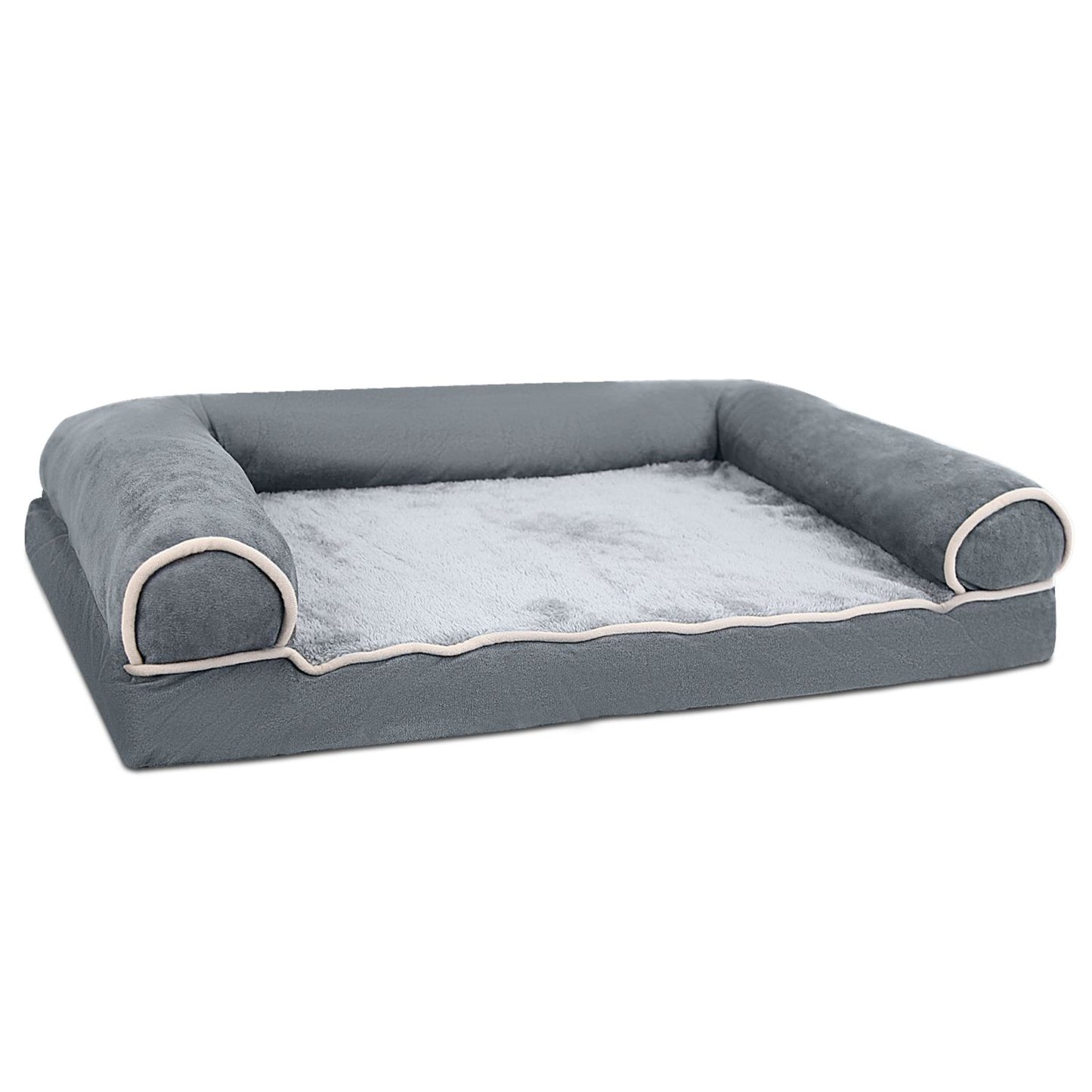 angled empty grey dog bed showing fleece center and suede-look bolsters