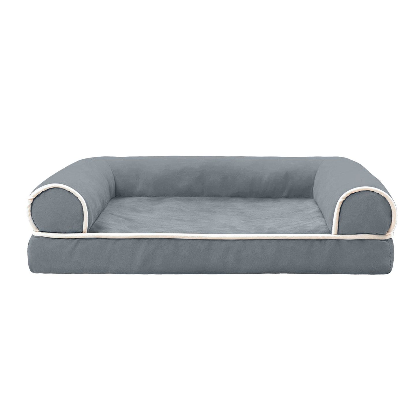 front studio shot empty grey dog bed with rounded bolsters and piping
